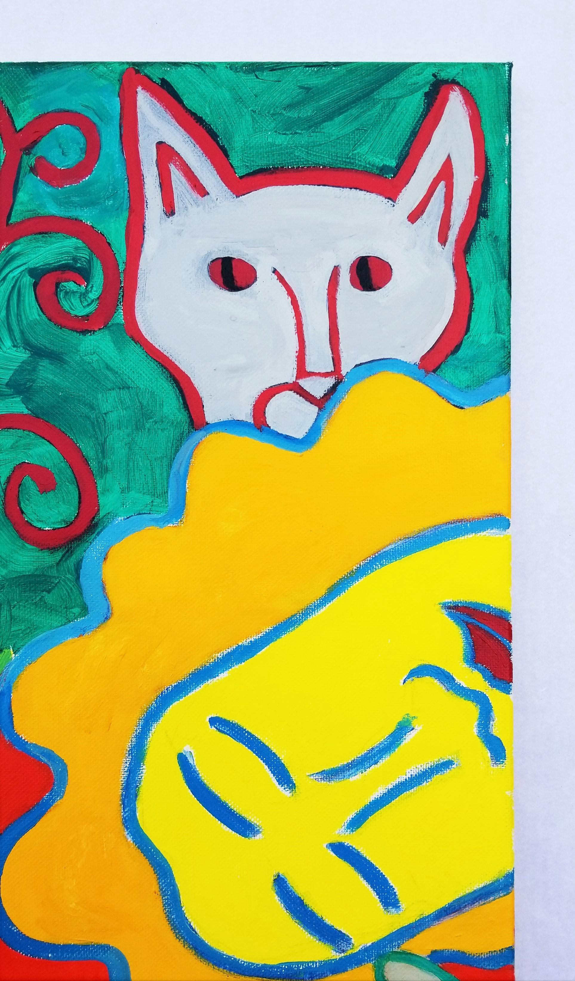 Dame mit Vogel und Katze /// Zeitgenössische Pop Art Malerei Weinglas Interieur  im Angebot 1