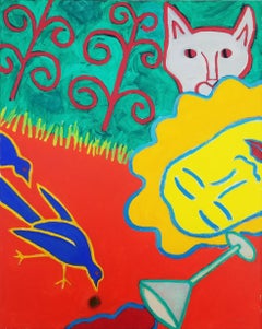 Lady with Bird and Cat /// Contemporary Pop Art Painting Wine Glass Interior