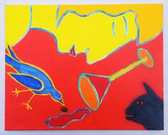 Lady with Bird and Cat II /// Contemporary Animal Figurative Modern Painting Art