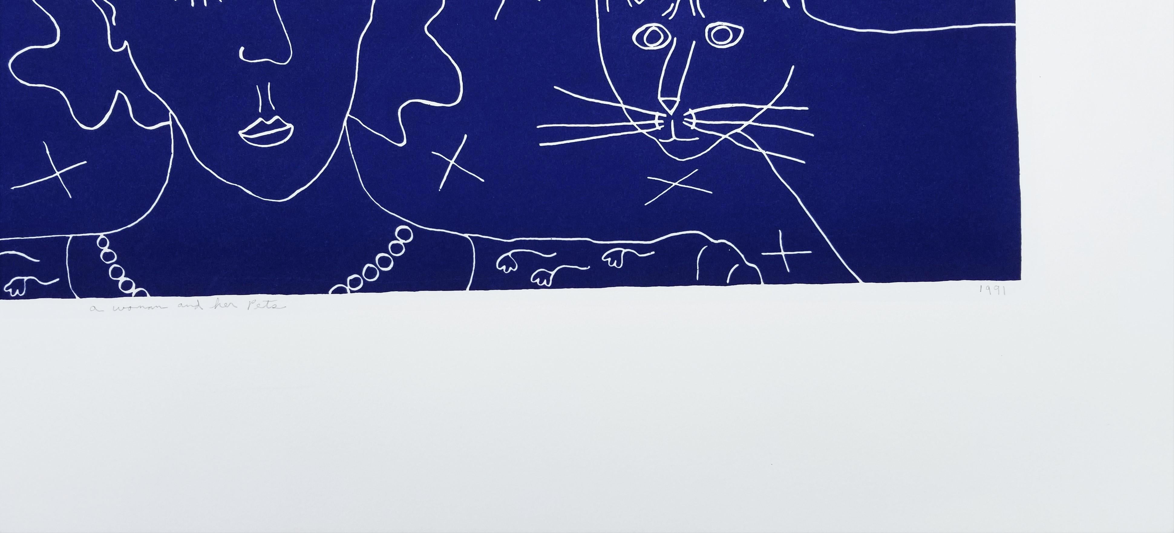 A Woman and Her Pets /// Contemporary Pop Art Screenprint Animal Dog Cat Funny For Sale 1