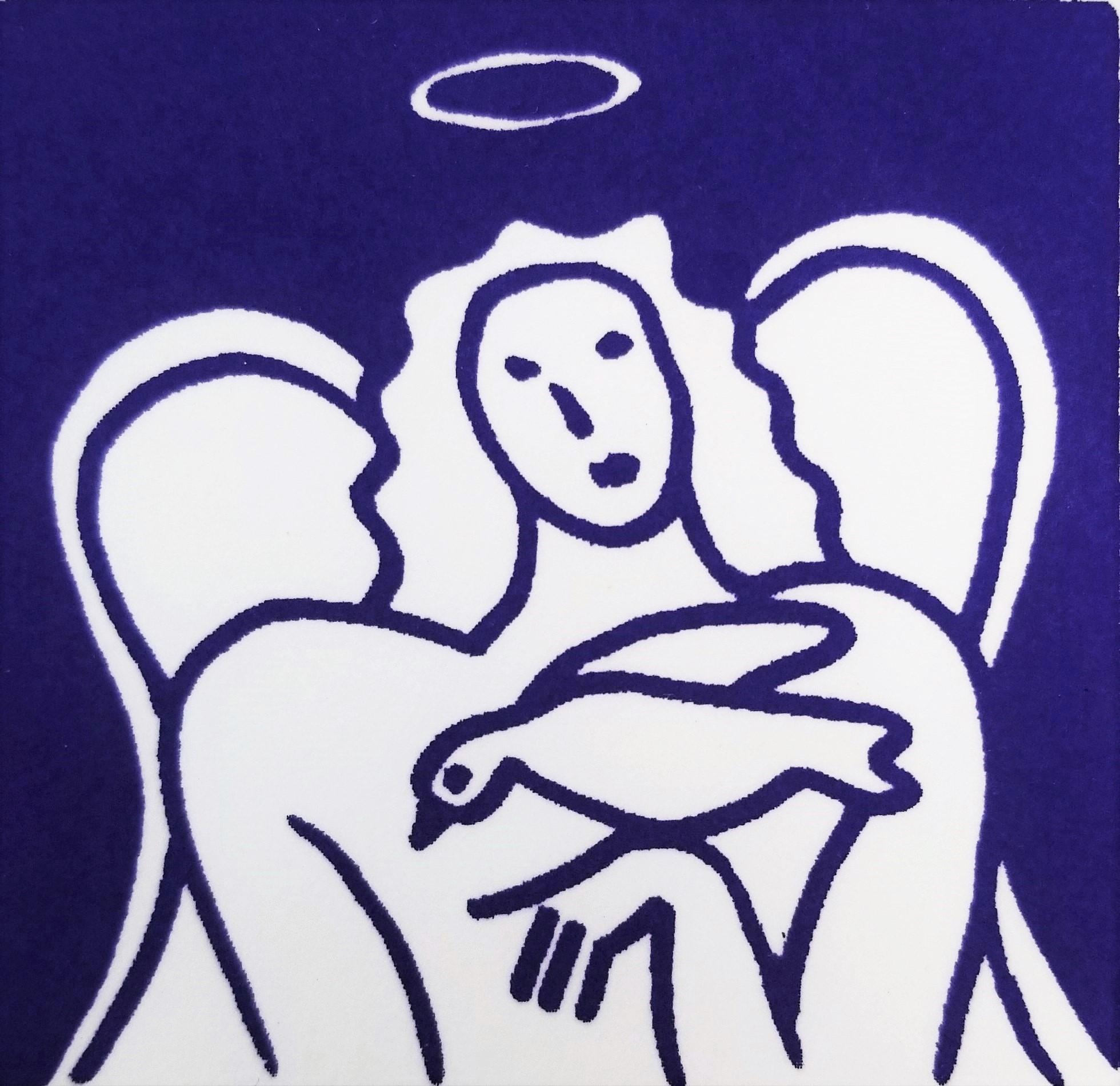 Figurative Print Dan May - Angels /// Contemporary Pop Art Screenprint Blue Minimal Religious Portrait Bird