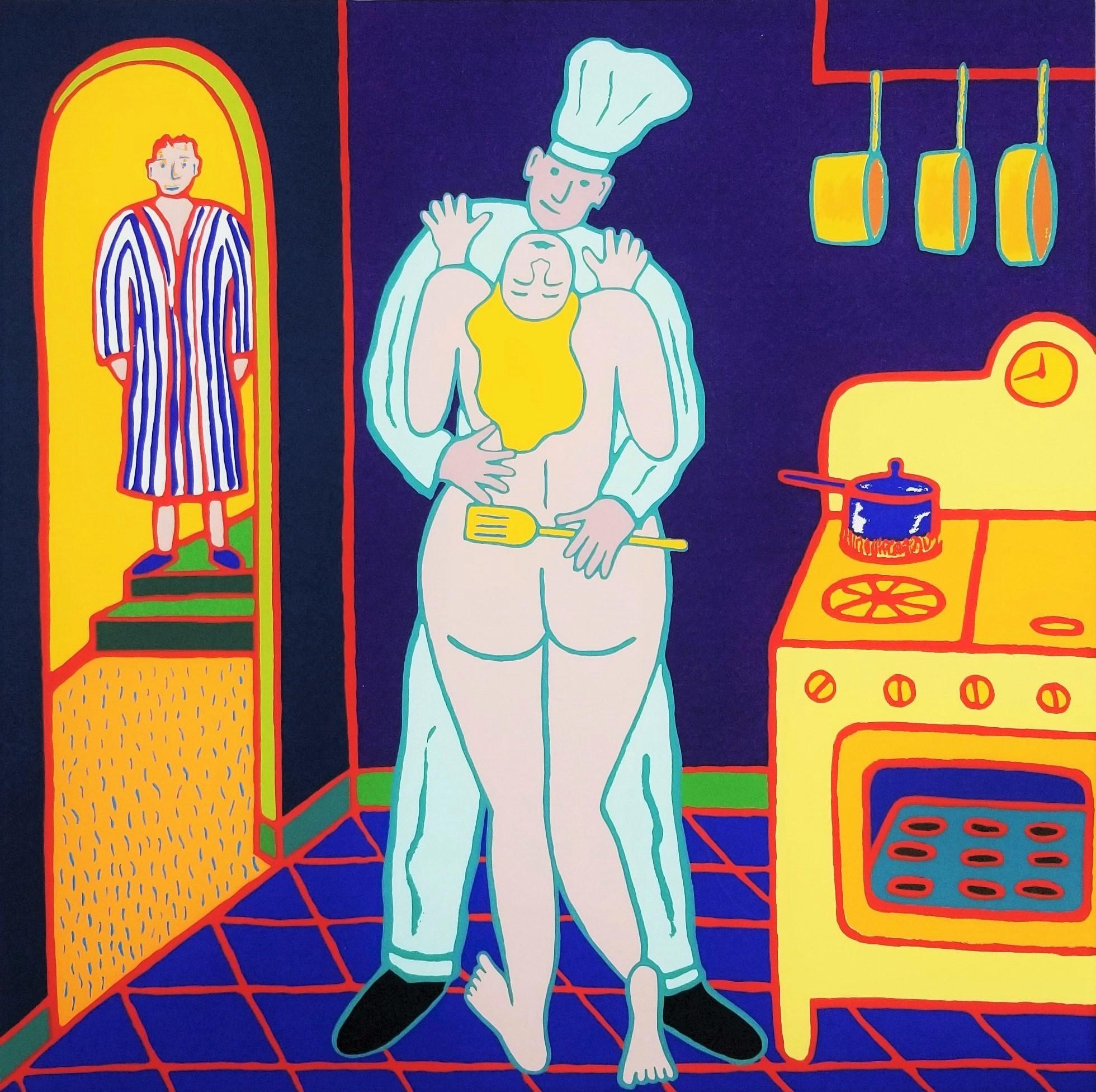 Dan May Nude Print – Are the Cookies Ready Yet /// Contemporary Pop Art Siebdruck Nude Food Chef
