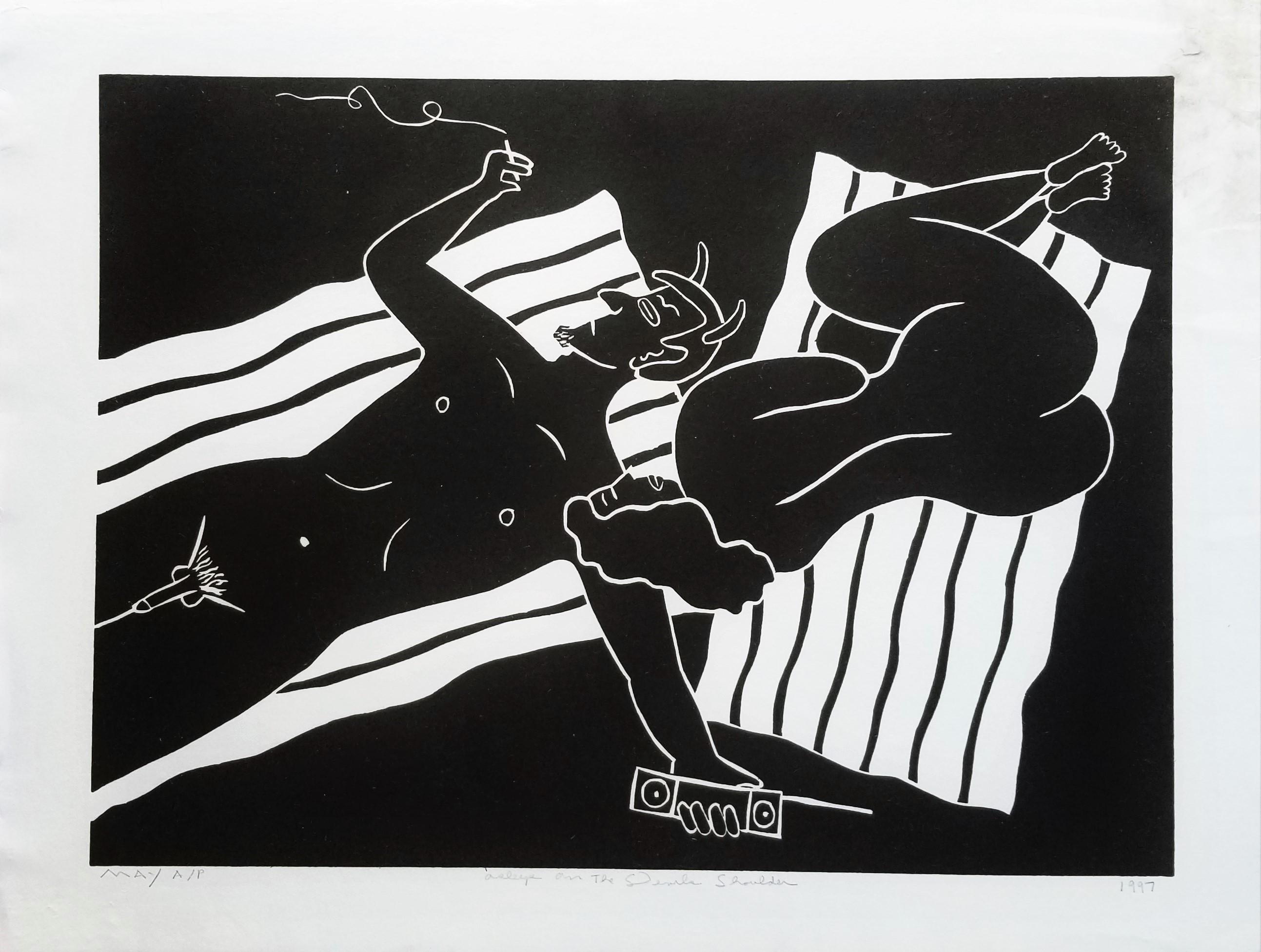 Asleep on the Devil's Shoulder /// Contemporary Screenprint Pool Sunbathing Nude - Print by Dan May