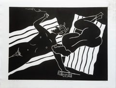 Asleep on the Devil's Shoulder /// Contemporary Linocut Pool Sunbathing Nude