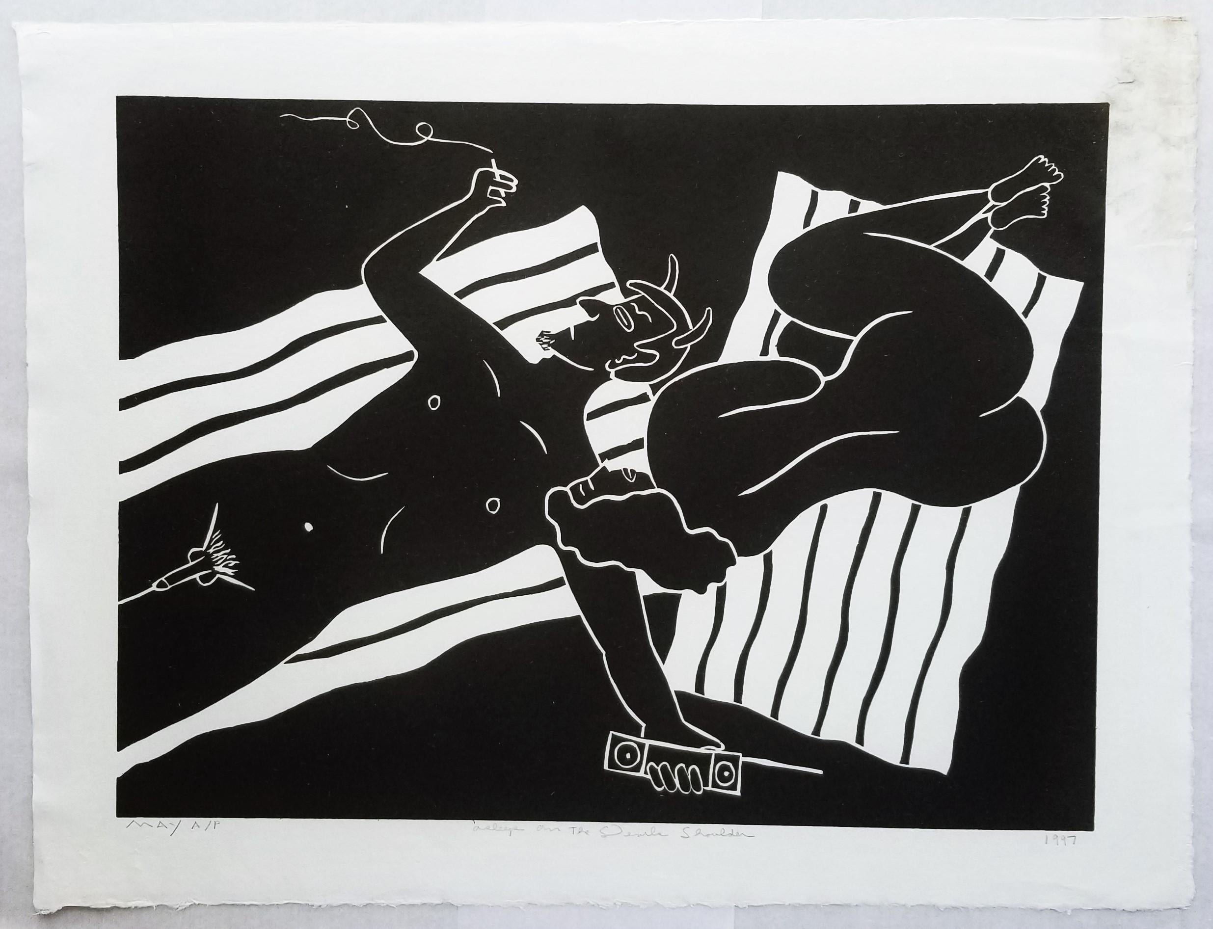 Asleep on the Devil's Shoulder /// Contemporary Screenprint Pool Sunbathing Nude - Black Nude Print by Dan May