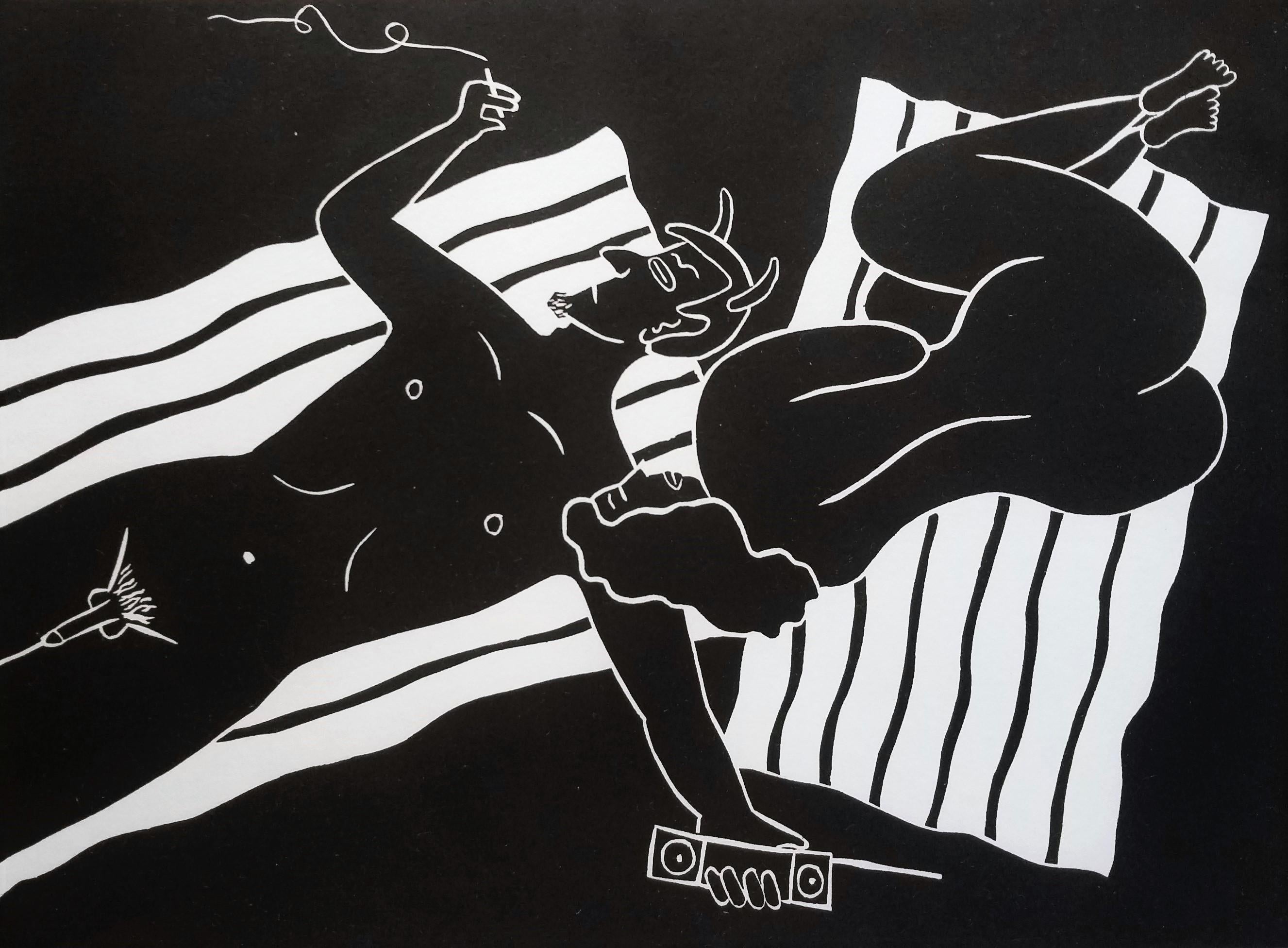 Dan May Nude Print - Asleep on the Devil's Shoulder /// Contemporary Screenprint Pool Sunbathing Nude