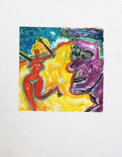 At the Beach /// Contemporary Funny Humor Nude Beach Ocean Monoprint Art