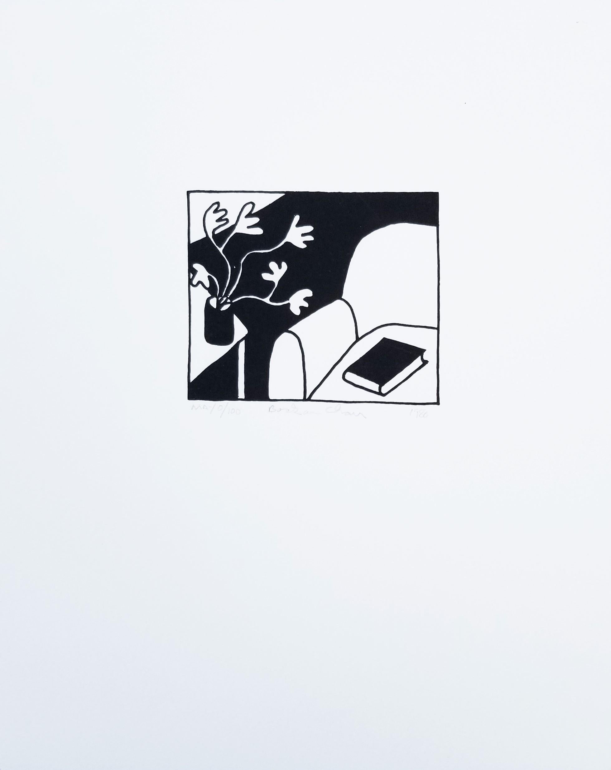 Buch auf Stuhl (Schwarz) /// Contemporary Pop Art Siebdruck Interior Home Plant – Print von Dan May