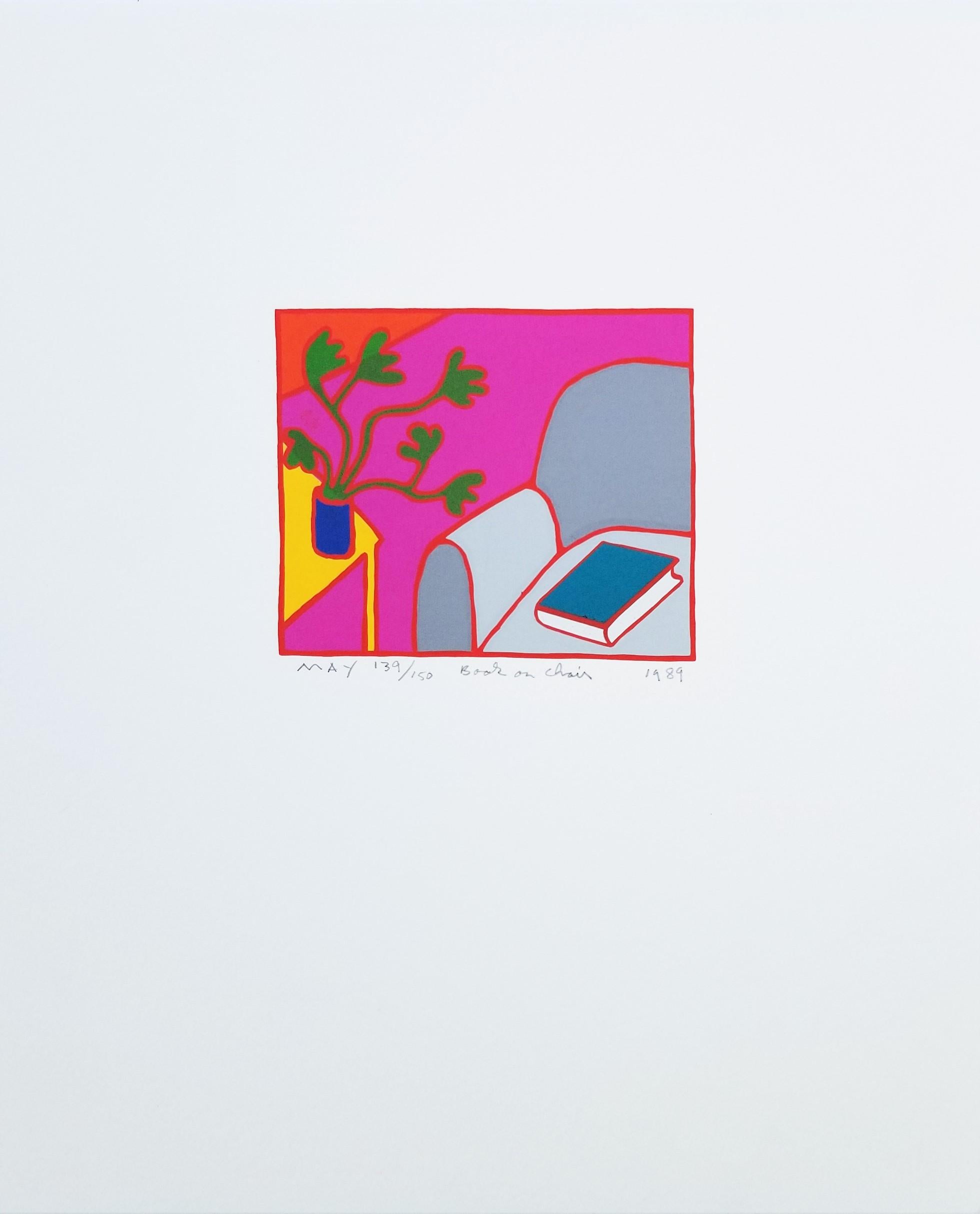 Buch auf Stuhl /// Zeitgenössischer Pop Art Siebdruck Innenraum Blumen Bunt  – Print von Dan May