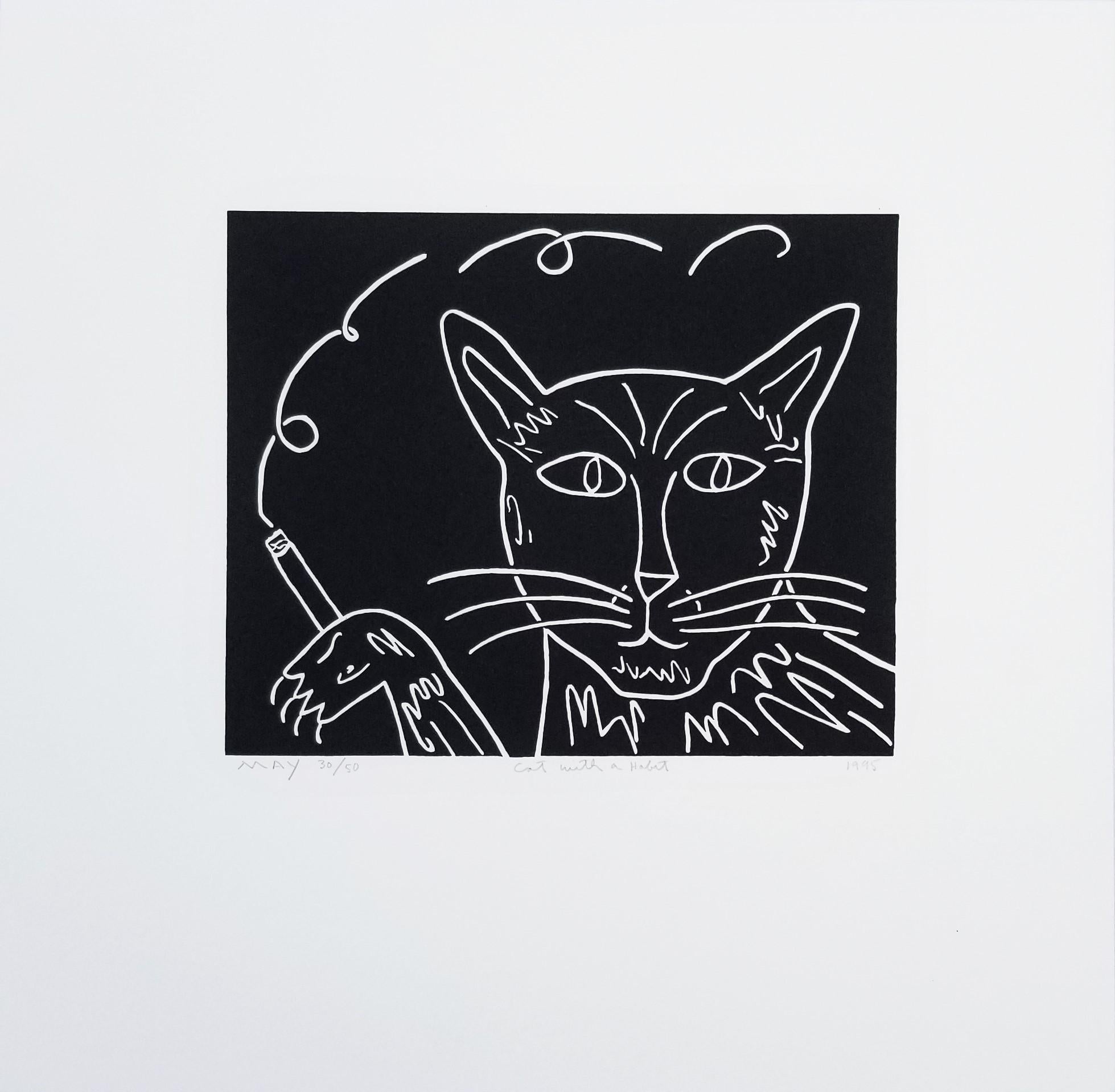 Cat with a Habit /// Contemporary Animal Smoking Humor Screenprint Black - Print by Dan May