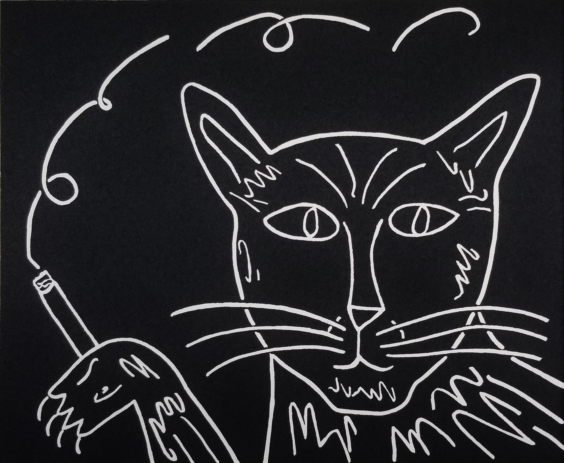 Dan May Animal Print - Cat with a Habit /// Contemporary Animal Smoking Humor Screenprint Black