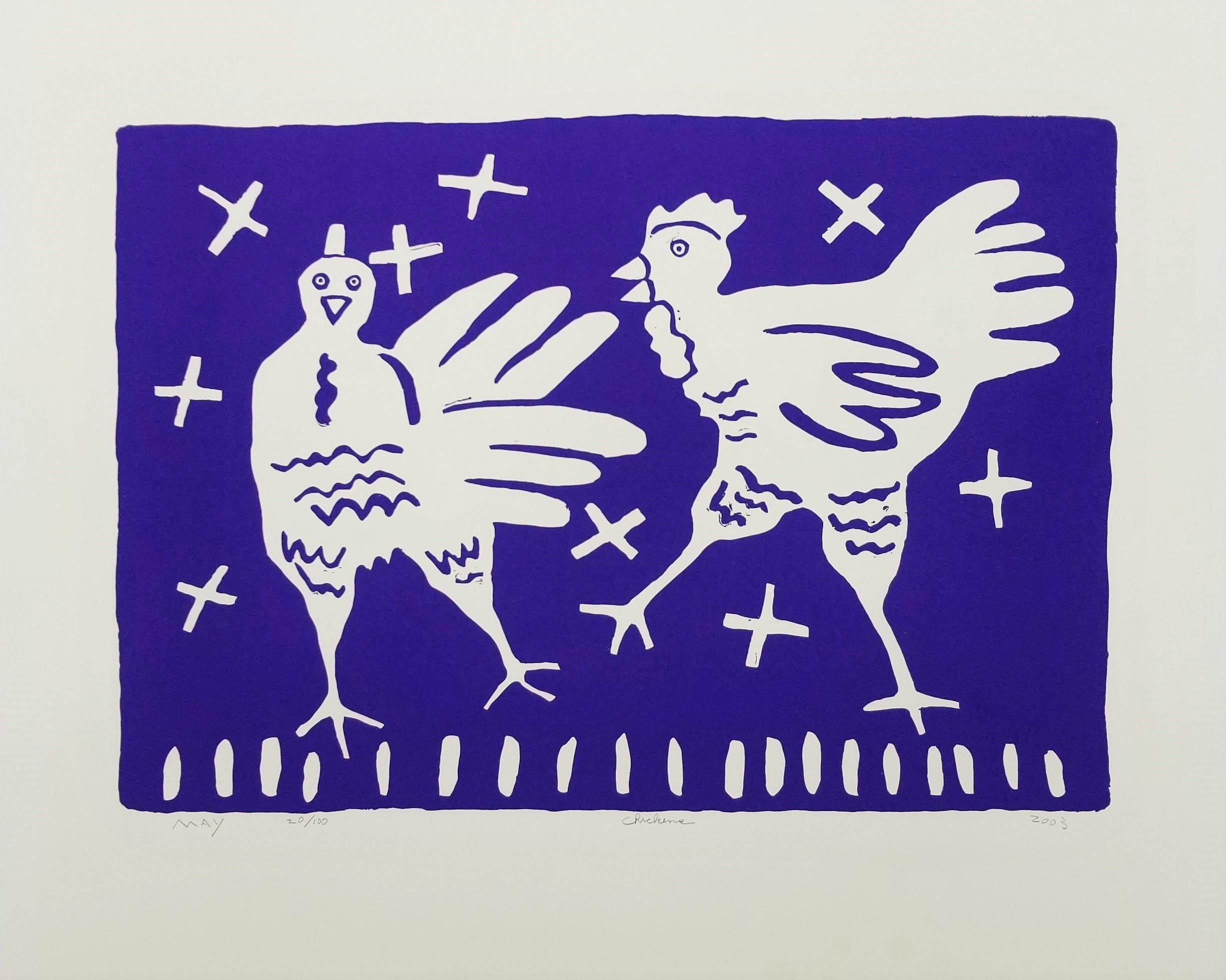 Chickens /// Contemporary Pop Art Screenprint Animal Funny Blue Farm Bird  - Print by Dan May