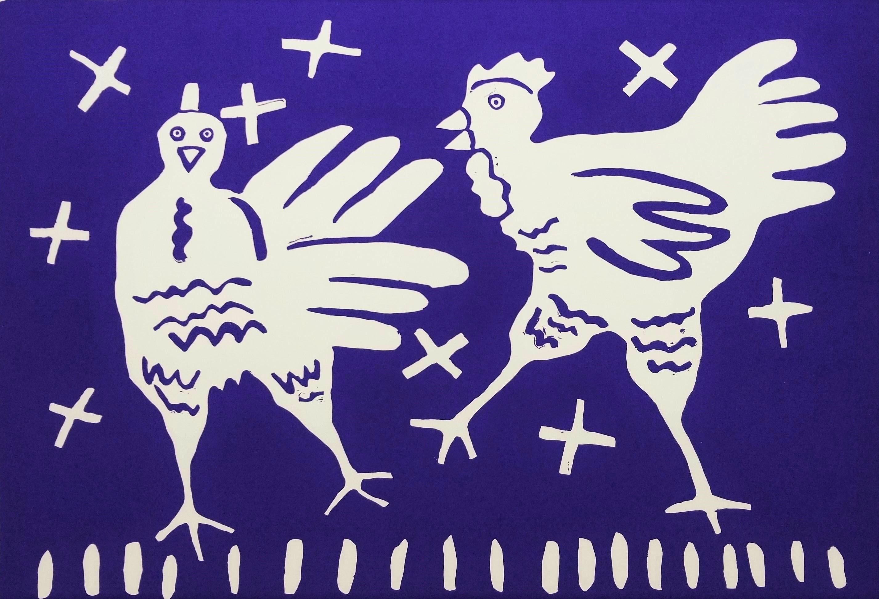 Dan May Animal Print - Chickens /// Contemporary Pop Art Screenprint Animal Funny Blue Farm Bird 
