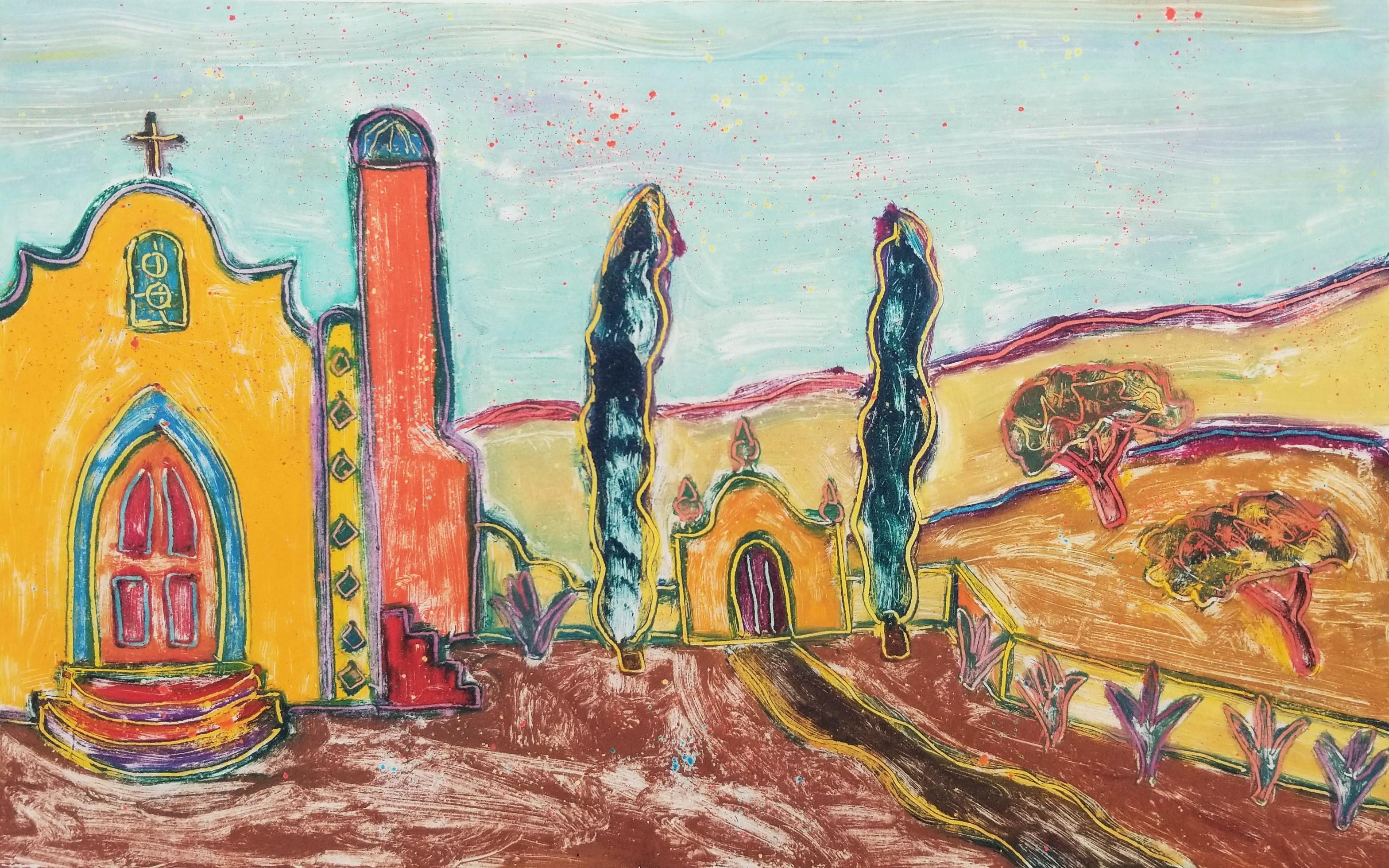 Iglesia, Suroeste /// Serigrafía Contemporánea México Paisaje Desértico Mexicano