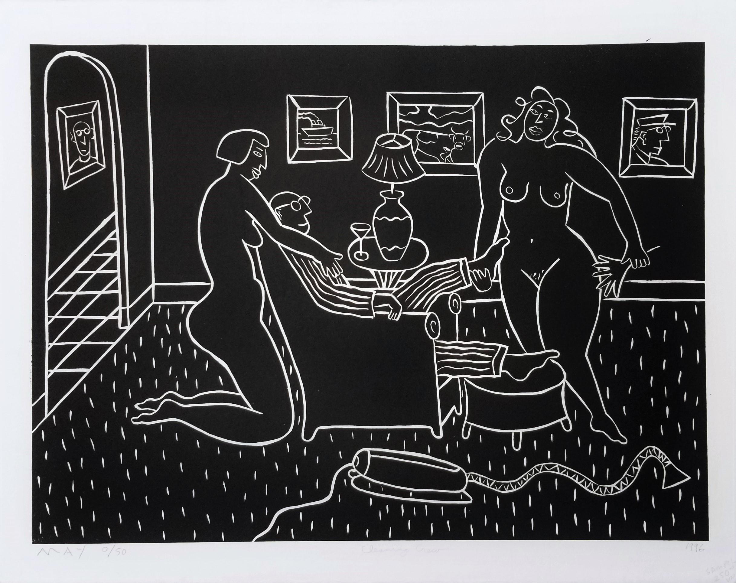 Cleaning Crew /// Contemporary Screenprint Nude Figurative Interior Black  - Print by Dan May