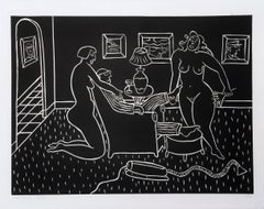 Cleaning Crew /// Contemporary Linocut Nude Figurative Interior Black