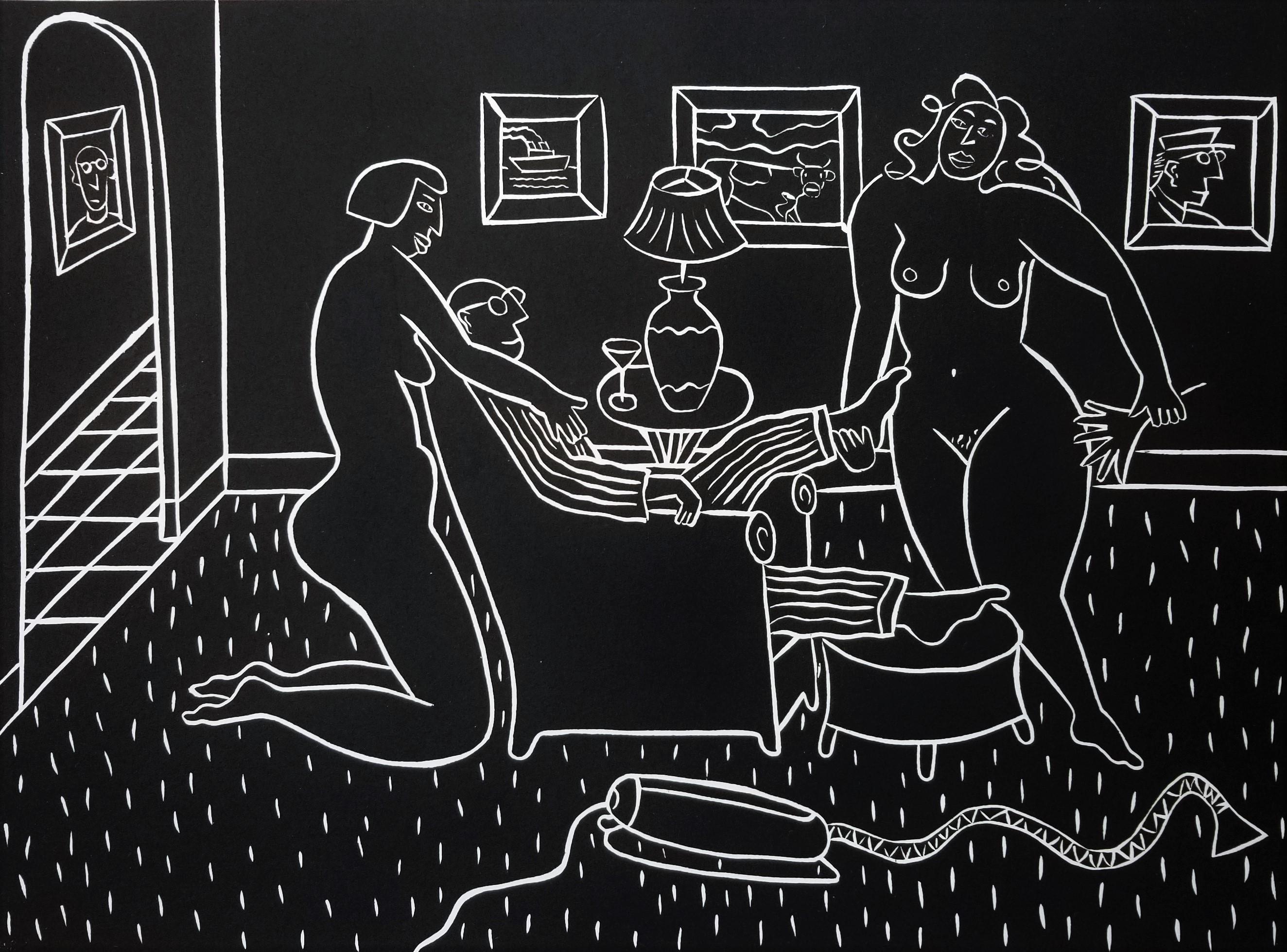 Dan May Nude Print - Cleaning Crew /// Contemporary Screenprint Nude Figurative Interior Black 