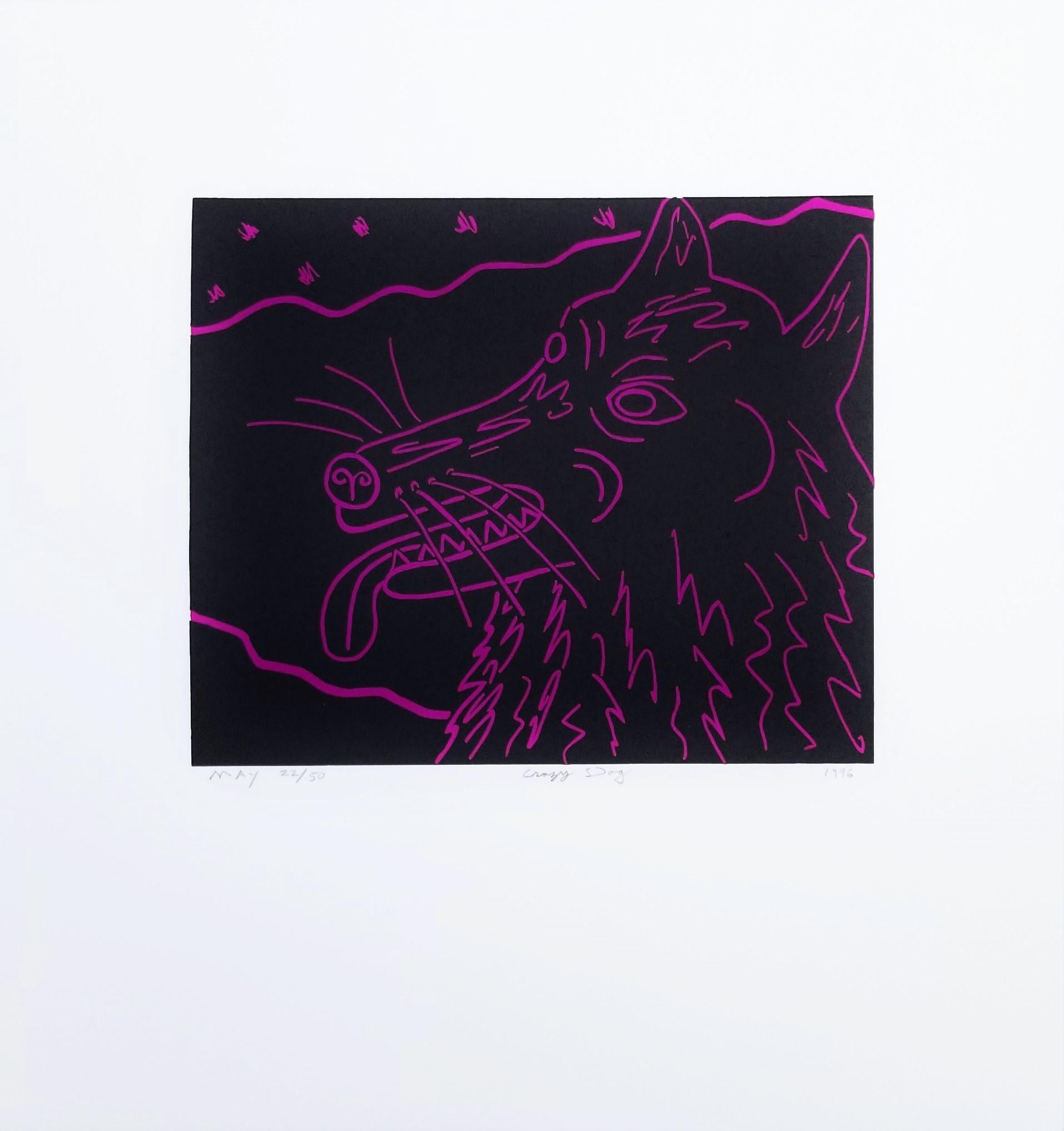 Crazy Dog /// Contemporary Pop Art Funny Screenprint Animal Pet Black and Purple - Print by Dan May