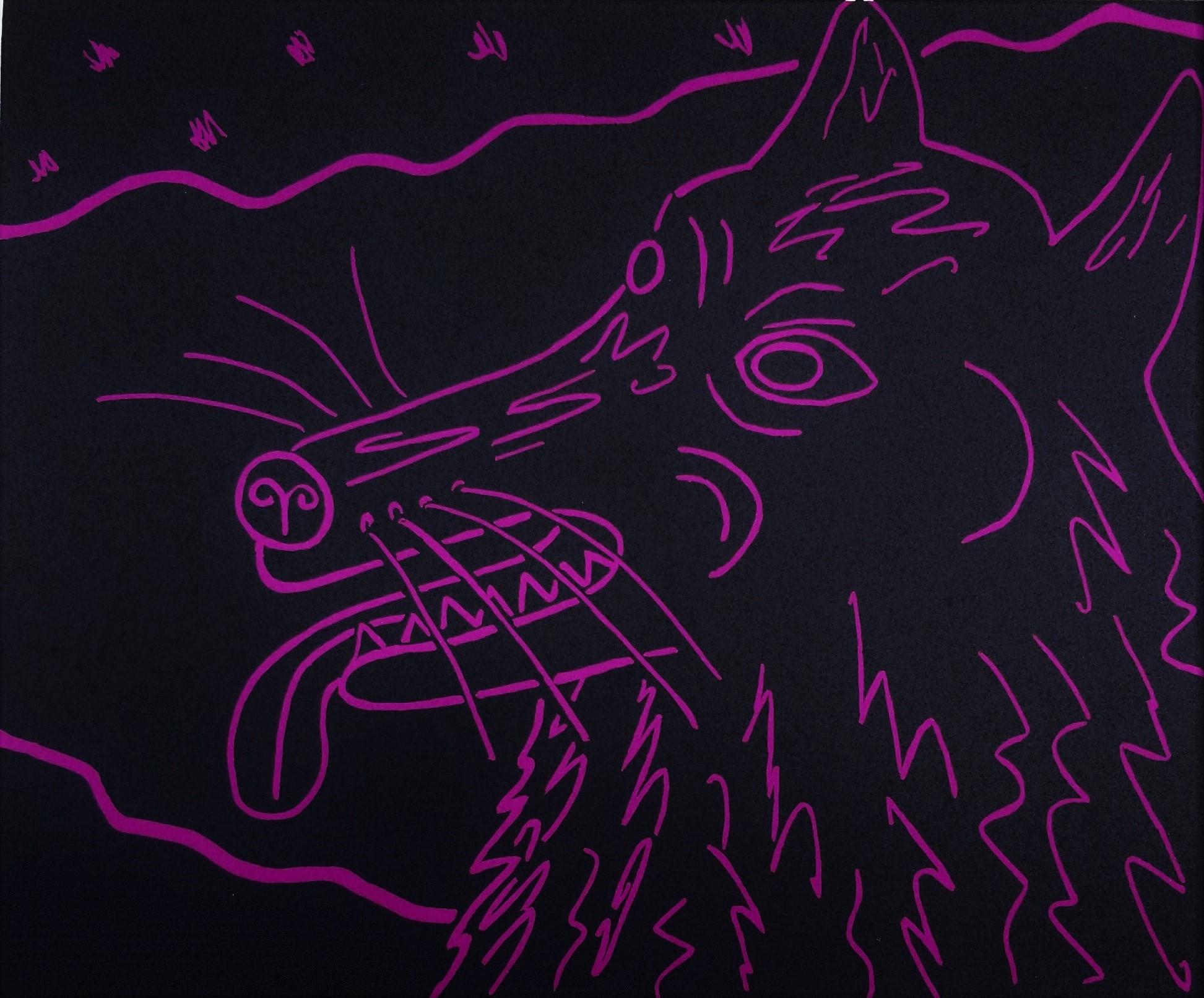 Crazy Dog /// Contemporary Pop Art Funny Screenprint Animal Pet Black and Purple