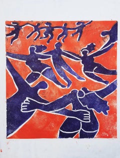 Tanzen (Orange und Blau) /// Zeitgenössischer Reliefdruck Akt Figurativ Modern