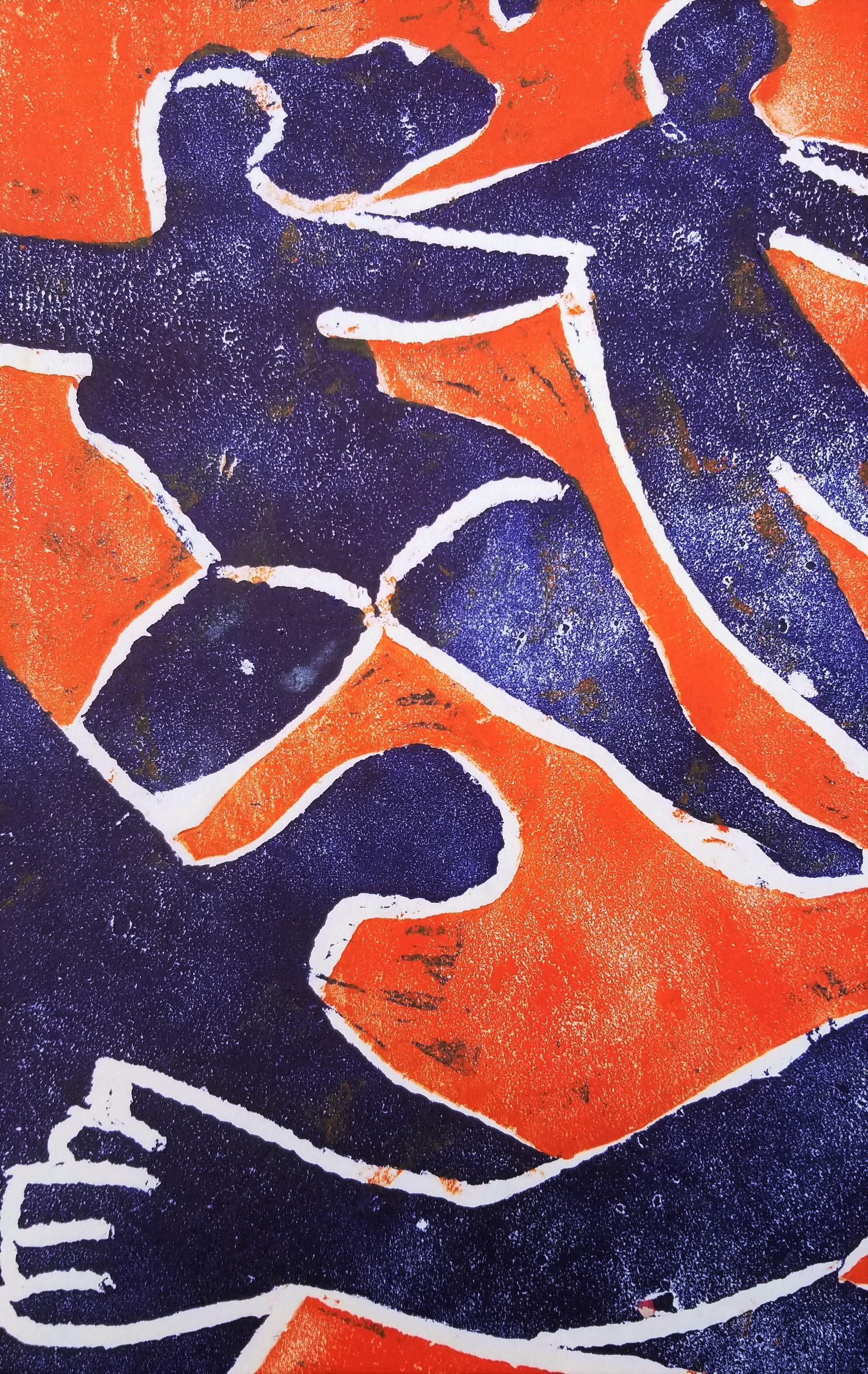 Dancing (Orange and Blue) /// Serigrafia contemporanea Nudo Figurativo Moderno in vendita 1