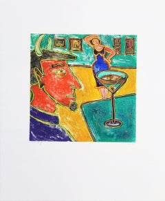 Devil at Cocktail Hour /// Funny Contemporary Monoprint Bar Romantic Alcohol Art