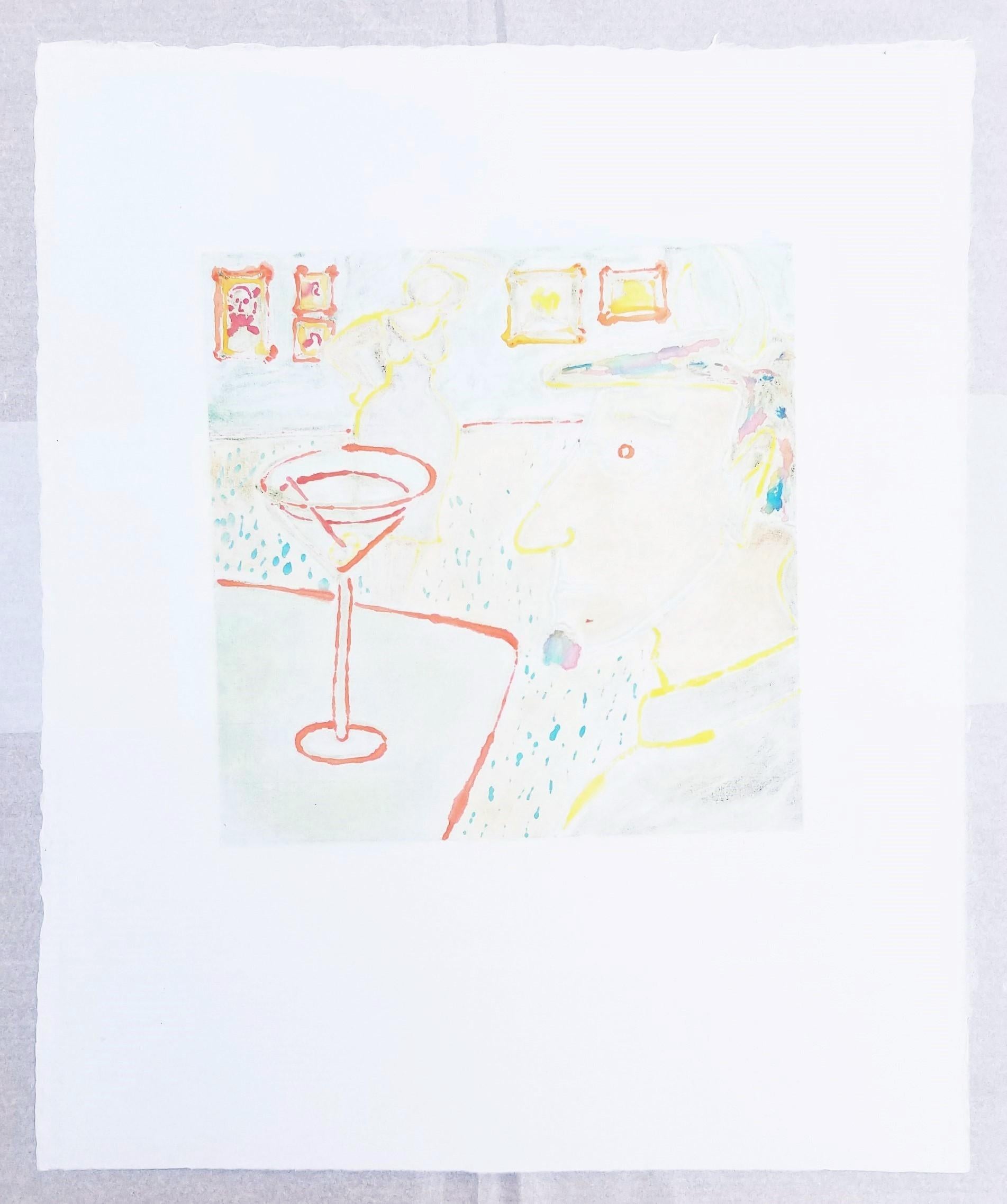 Devil at Cocktail Hour /// Funny Contemporary Monoprint Bar Romantic Alcohol Art For Sale 3