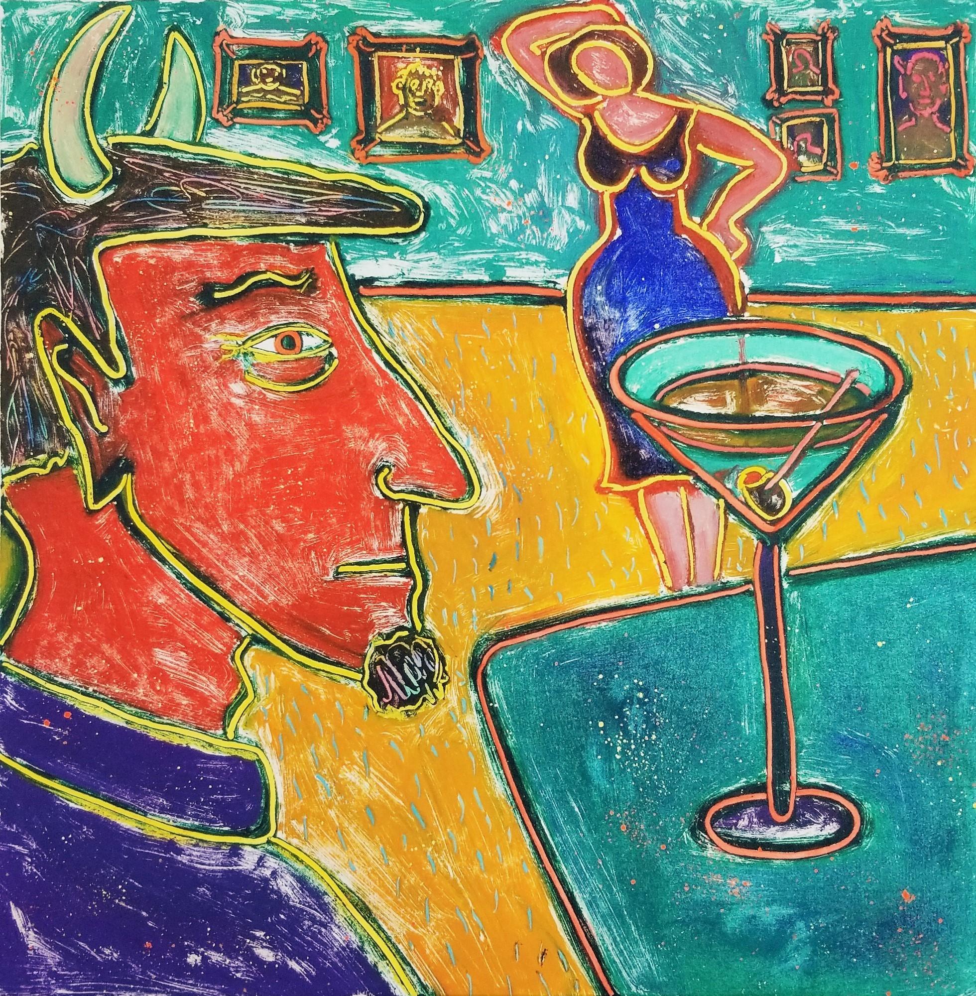 Dan May Figurative Print - Devil at Cocktail Hour /// Funny Contemporary Monoprint Bar Romantic Alcohol Art