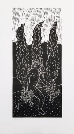 Devil Chicken Dinner /// Contemporary Funny Linocut Black and White Man