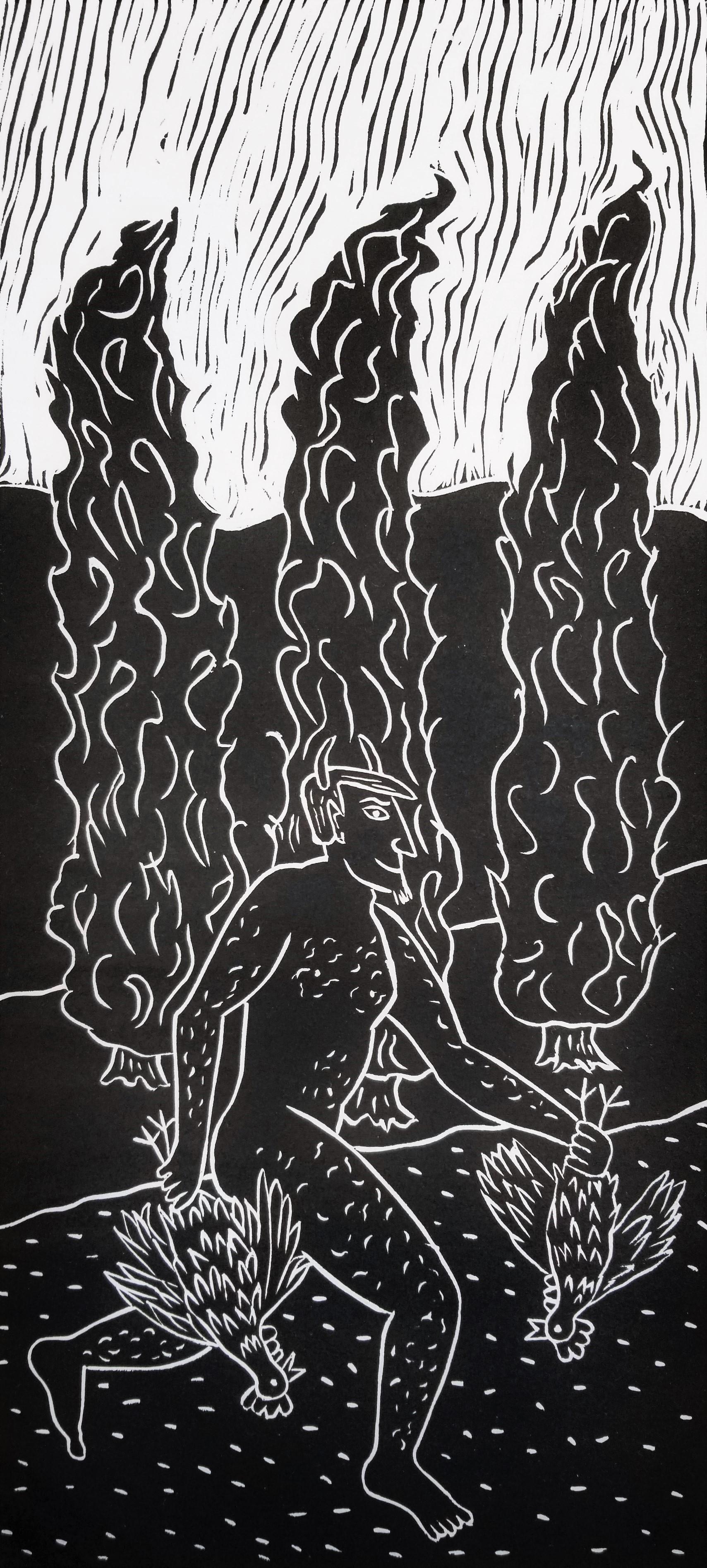 Dan May Figurative Print - Devil Chicken Dinner /// Contemporary Funny Screenprint Black and White Man