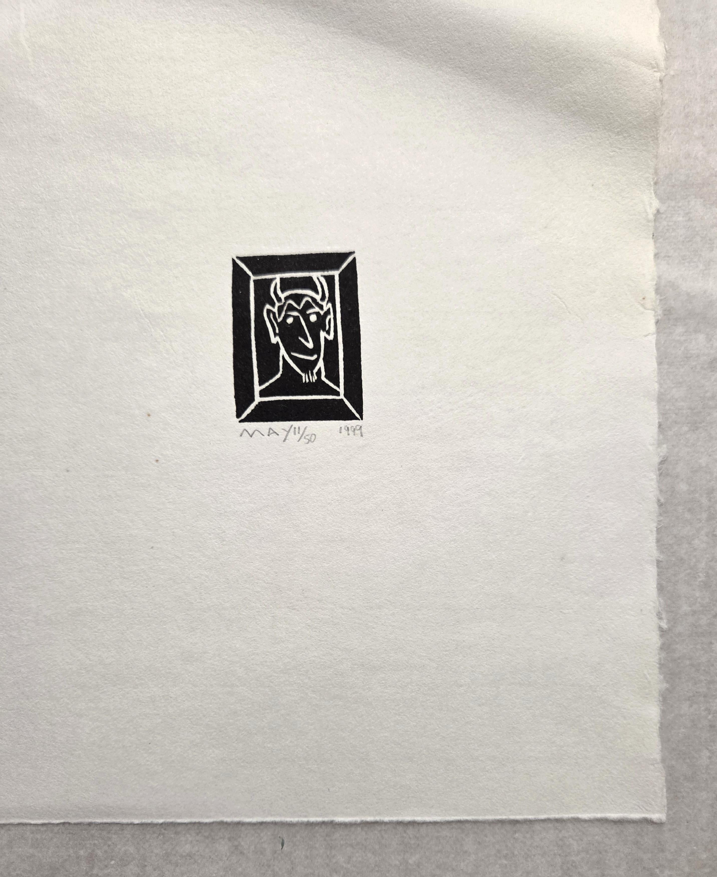 Devil /// Contemporary Pop Art Minimalism Linocut Black and White Art Religious For Sale 7