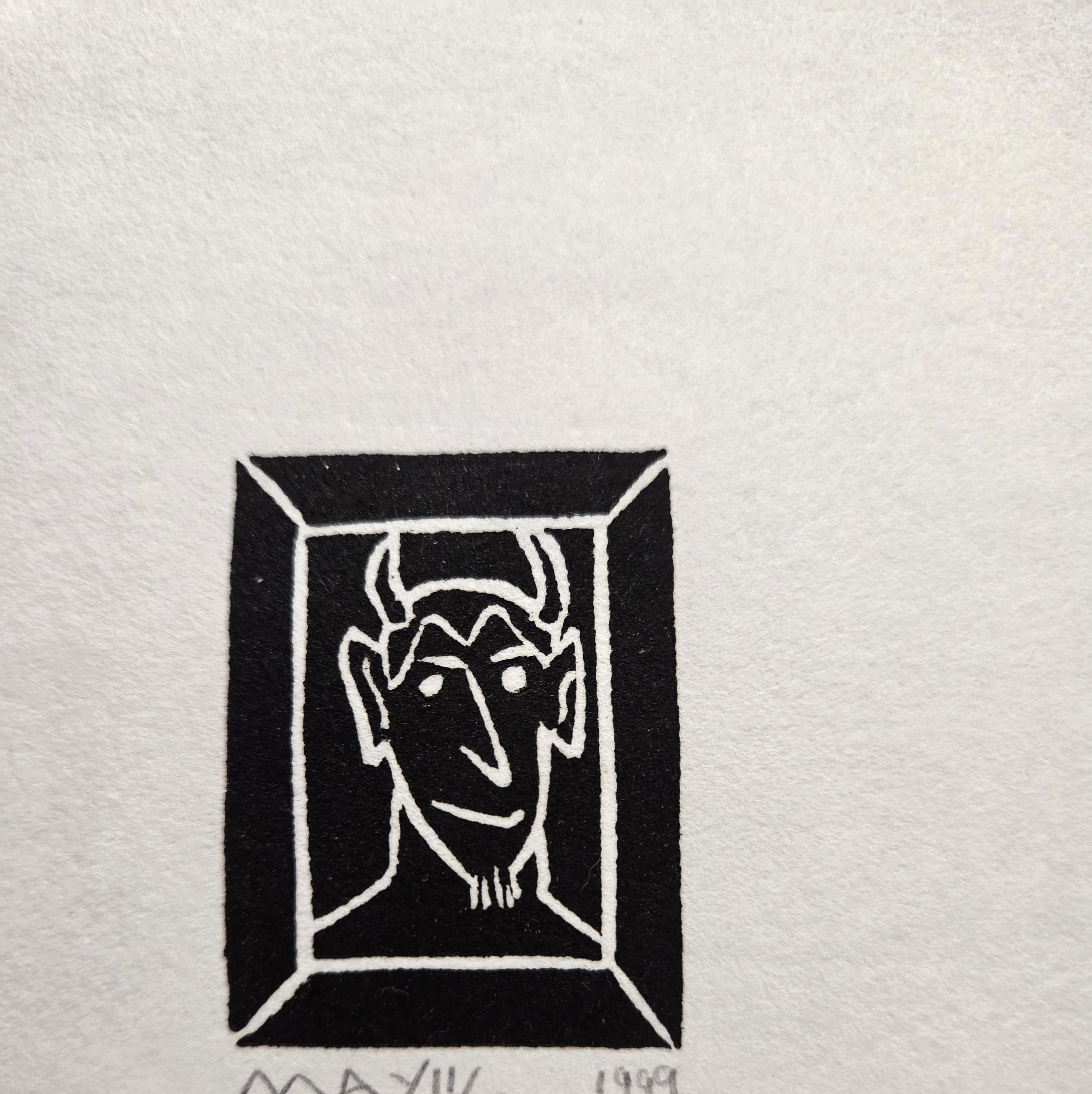 Devil /// Contemporary Pop Art Minimalism Linocut Black and White Art Religious For Sale 2
