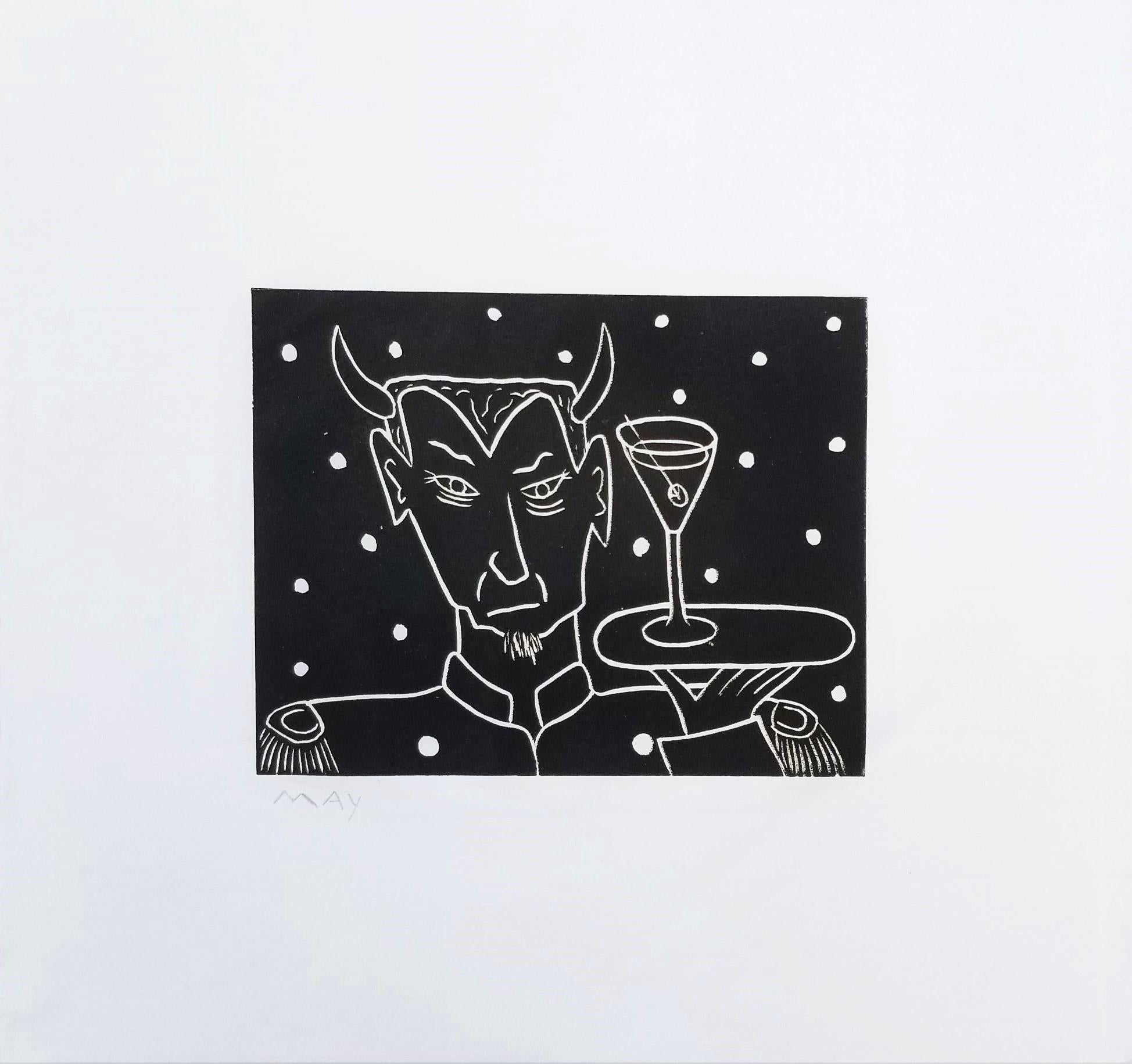 Devil Waiter with Martini /// Contemporary Funny Screenprint Bar Alcohol Black - Print by Dan May
