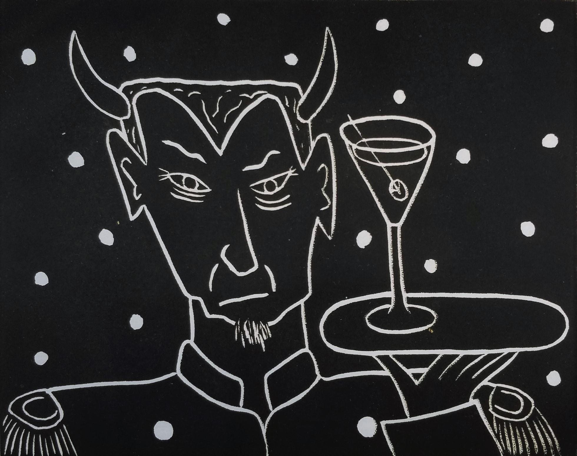 Dan May Portrait Print - Devil Waiter with Martini /// Contemporary Funny Screenprint Bar Alcohol Black