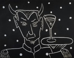 Teufelskellner mit Martini /// Contemporary Funny Siebdruck Bar Alkohol Schwarz