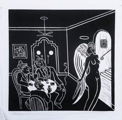 Devil's Club /// Contemporary Linocut Nude Figurative Interior Humor Funny