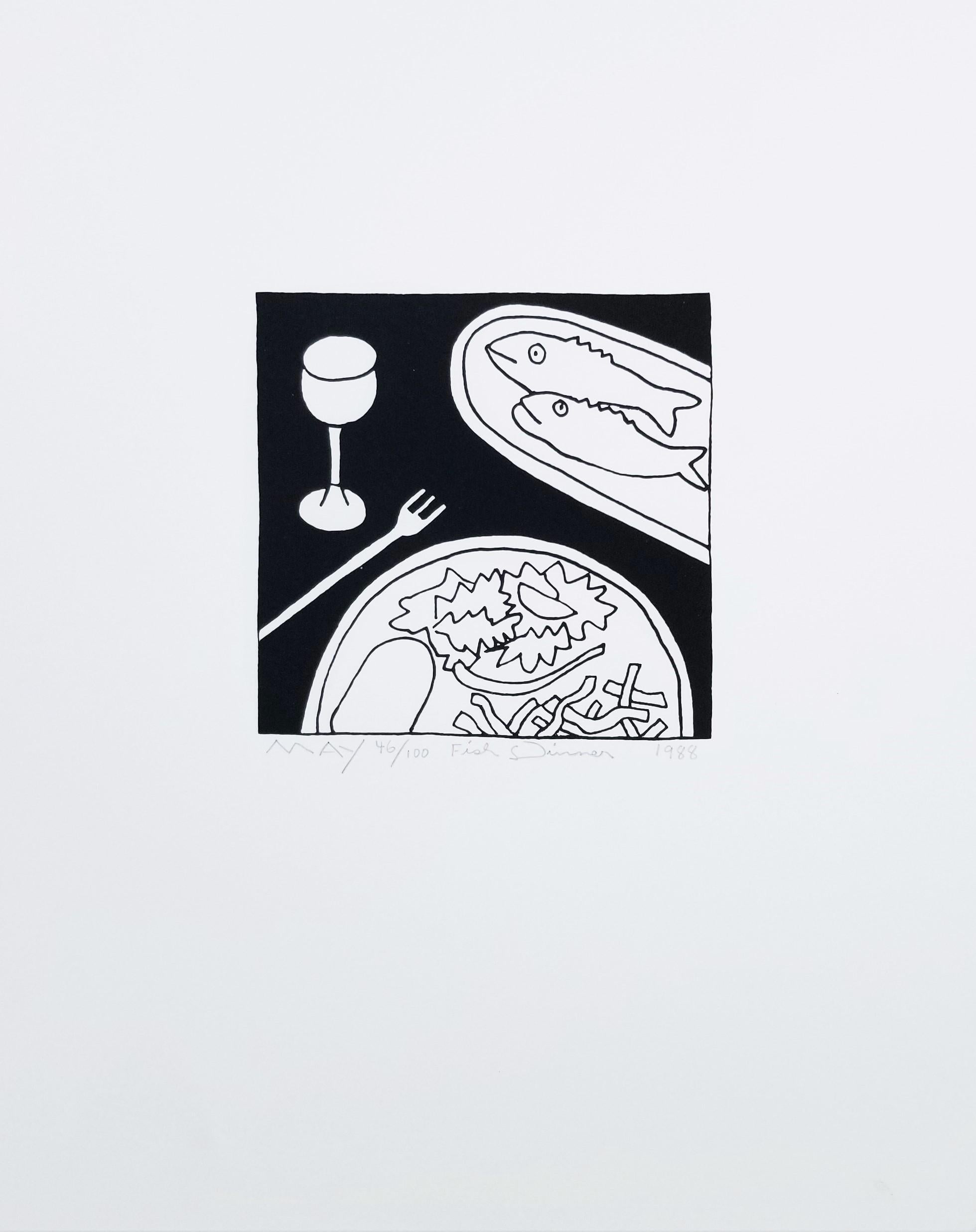 Fish Dinner /// Contemporary Pop Art Screenprint Black and White Food Dinner Eat - Print by Dan May