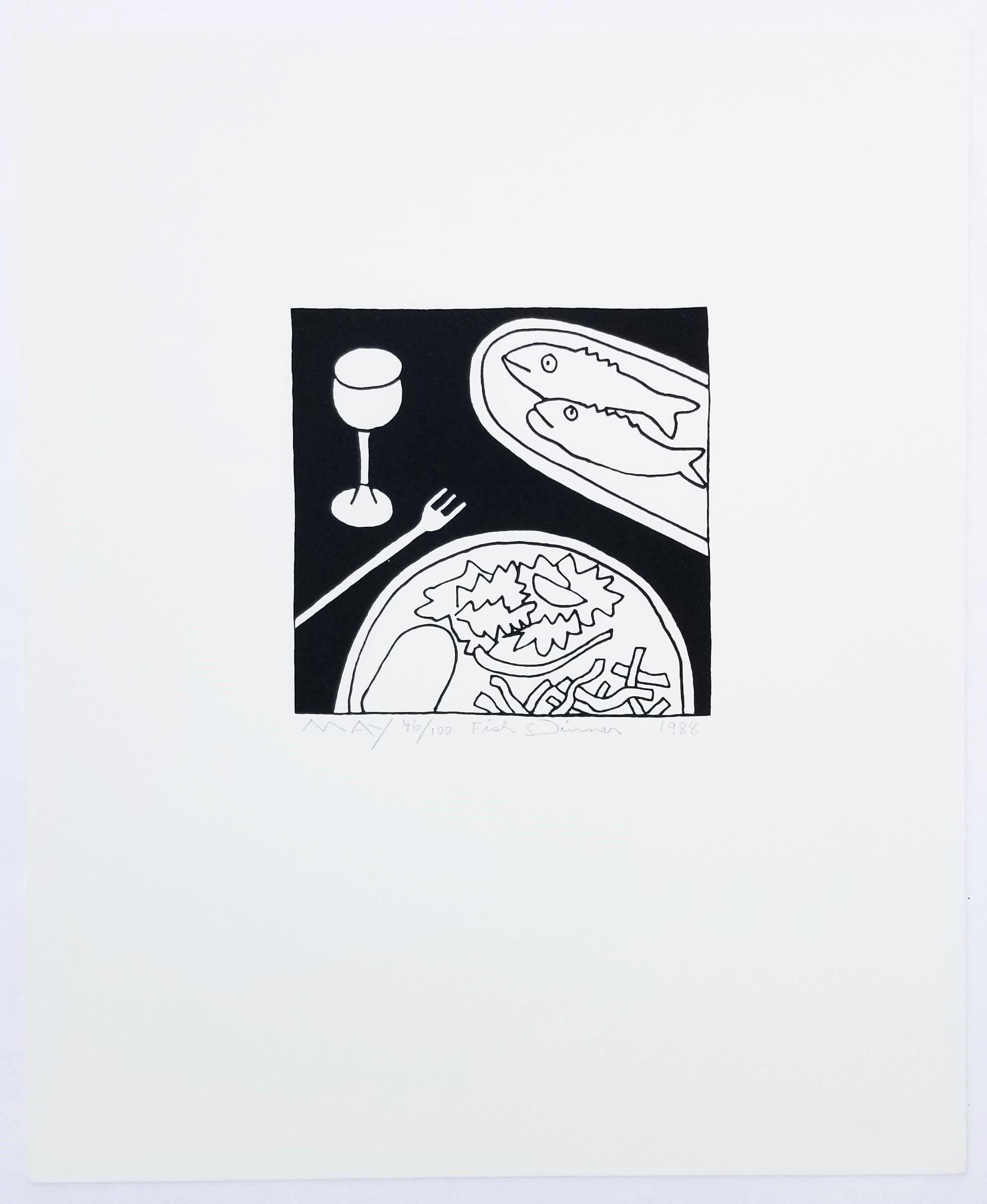 Fish Dinner /// Contemporary Pop Art Screenprint Black and White Food Dinner Eat - Gray Animal Print by Dan May