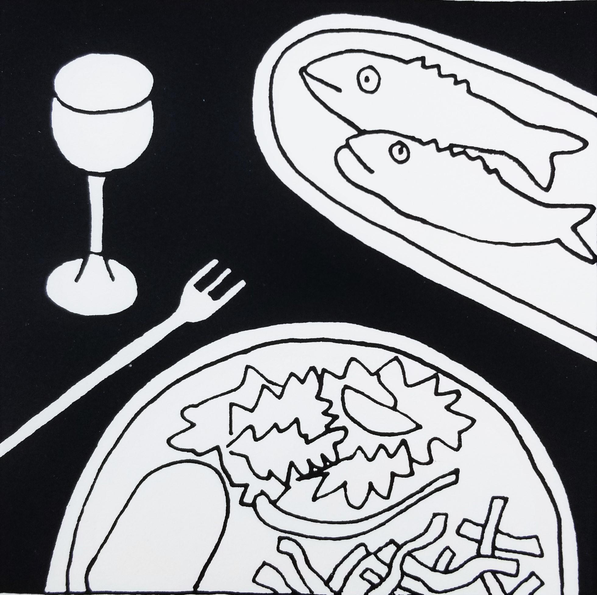 Dan May Animal Print - Fish Dinner /// Contemporary Pop Art Screenprint Black and White Food Dinner Eat