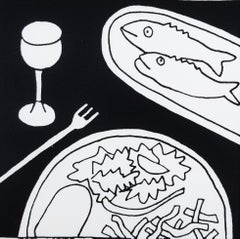 Fish Dinner /// Zeitgenössischer Pop-Art-Siebdruck Schwarz-Weiß Essen Abendessen Essen
