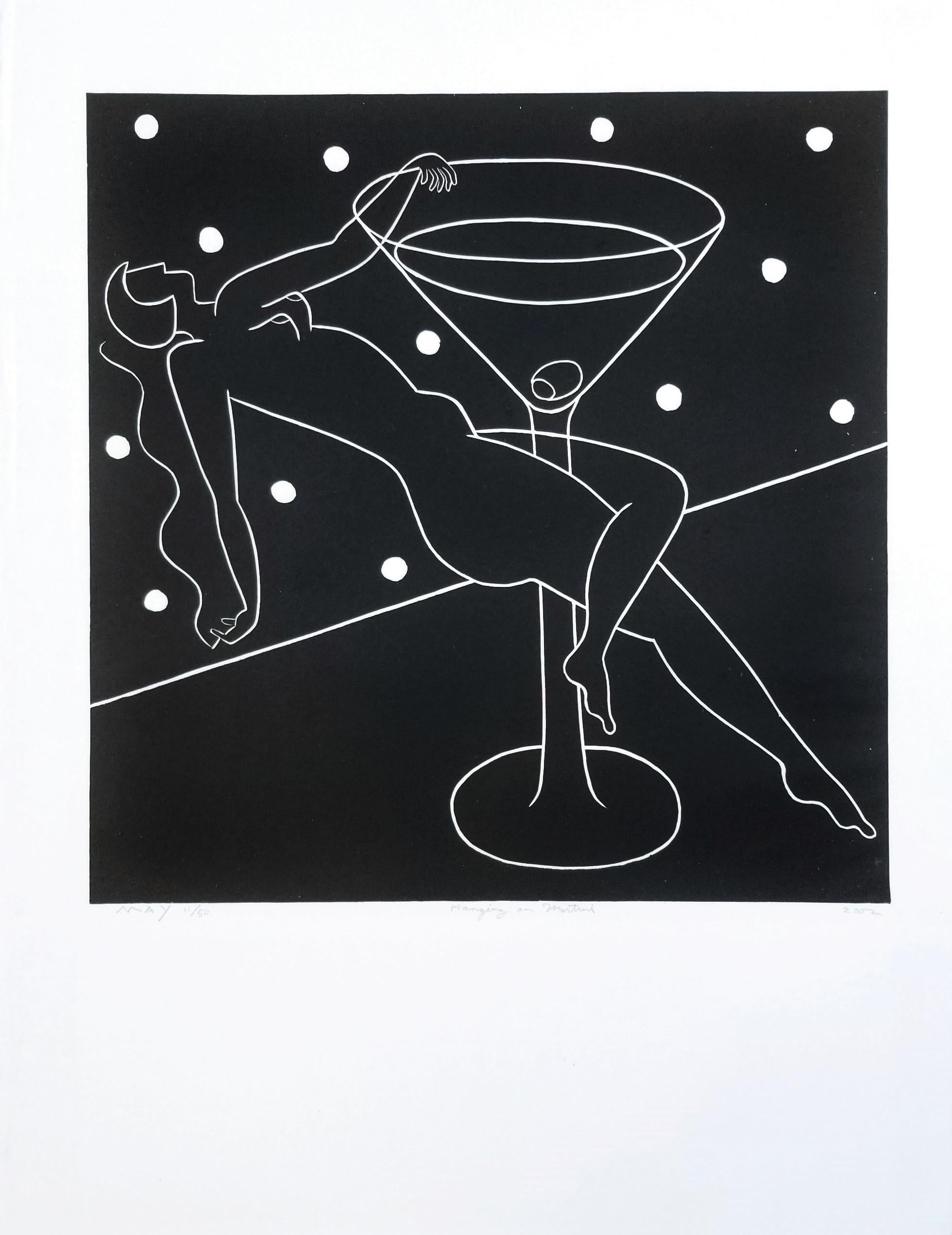 Hanging on Martini /// Art Deco Nude Figurative Screenprint Contemporary Alcohol - Print by Dan May