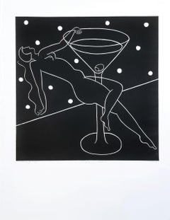 Hanging on Martini /// Art Deco Nude Figurative Linocut Contemporary Alcohol