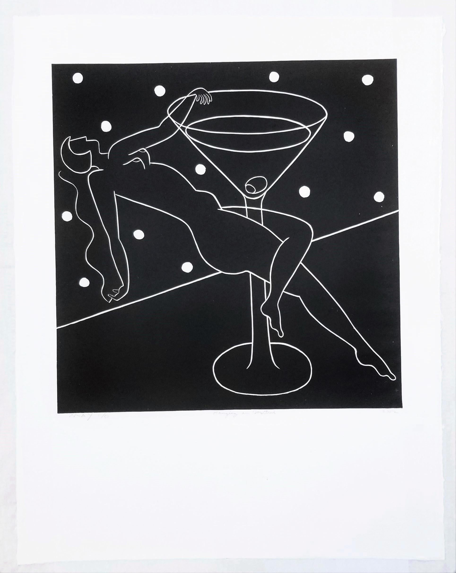 Hanging on Martini /// Art Deco Nude Figurative Screenprint Contemporary Alcohol - Black Nude Print by Dan May