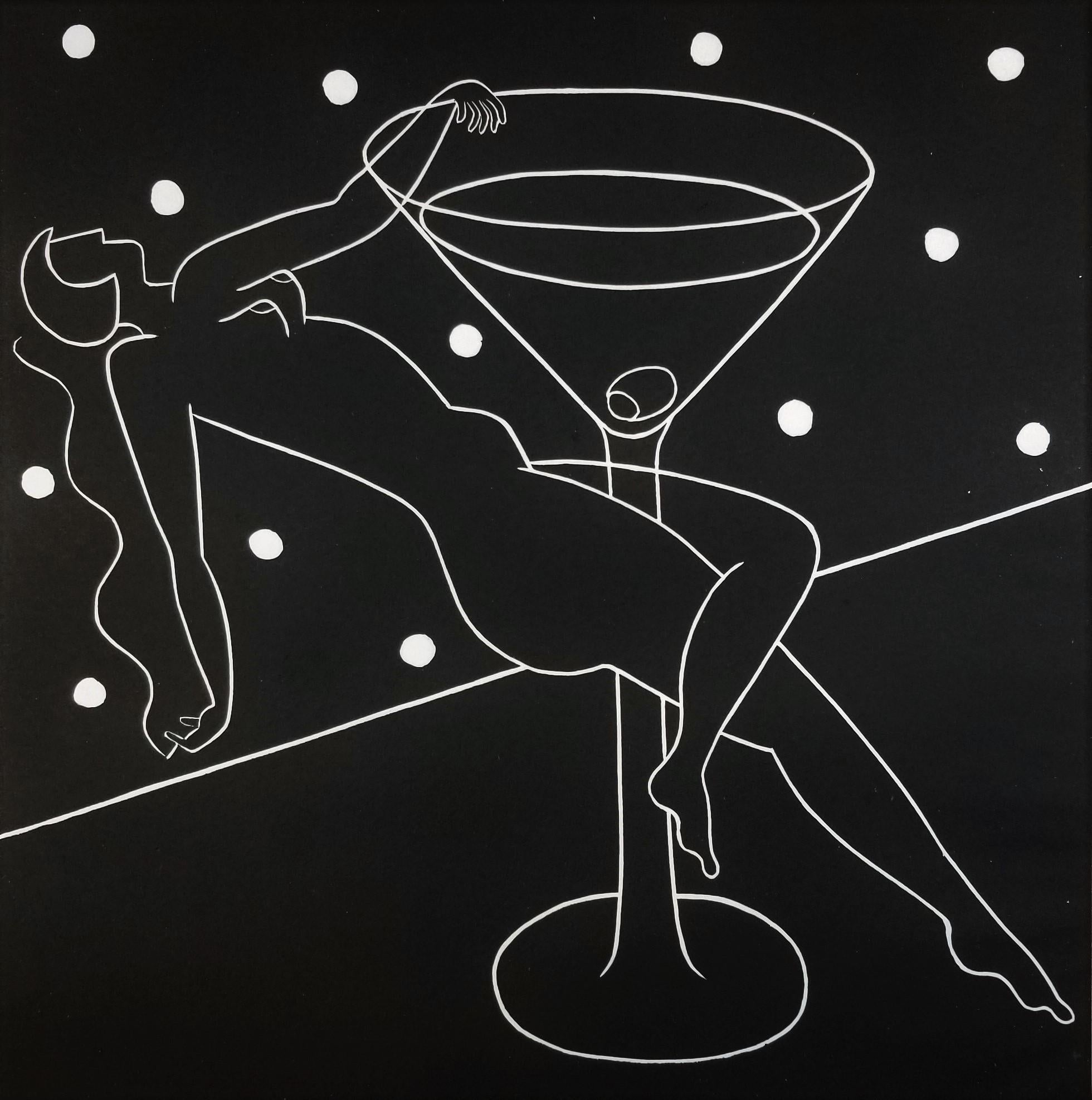 Dan May Nude Print - Hanging on Martini /// Art Deco Nude Figurative Screenprint Contemporary Alcohol