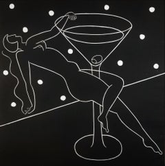 Hanging on Martini /// Art Deco Nude Figurative Screenprint Contemporary Alcohol