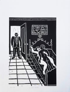 Home Early /// Contemporary Linocut Nude Figurative Interior Funny Humor