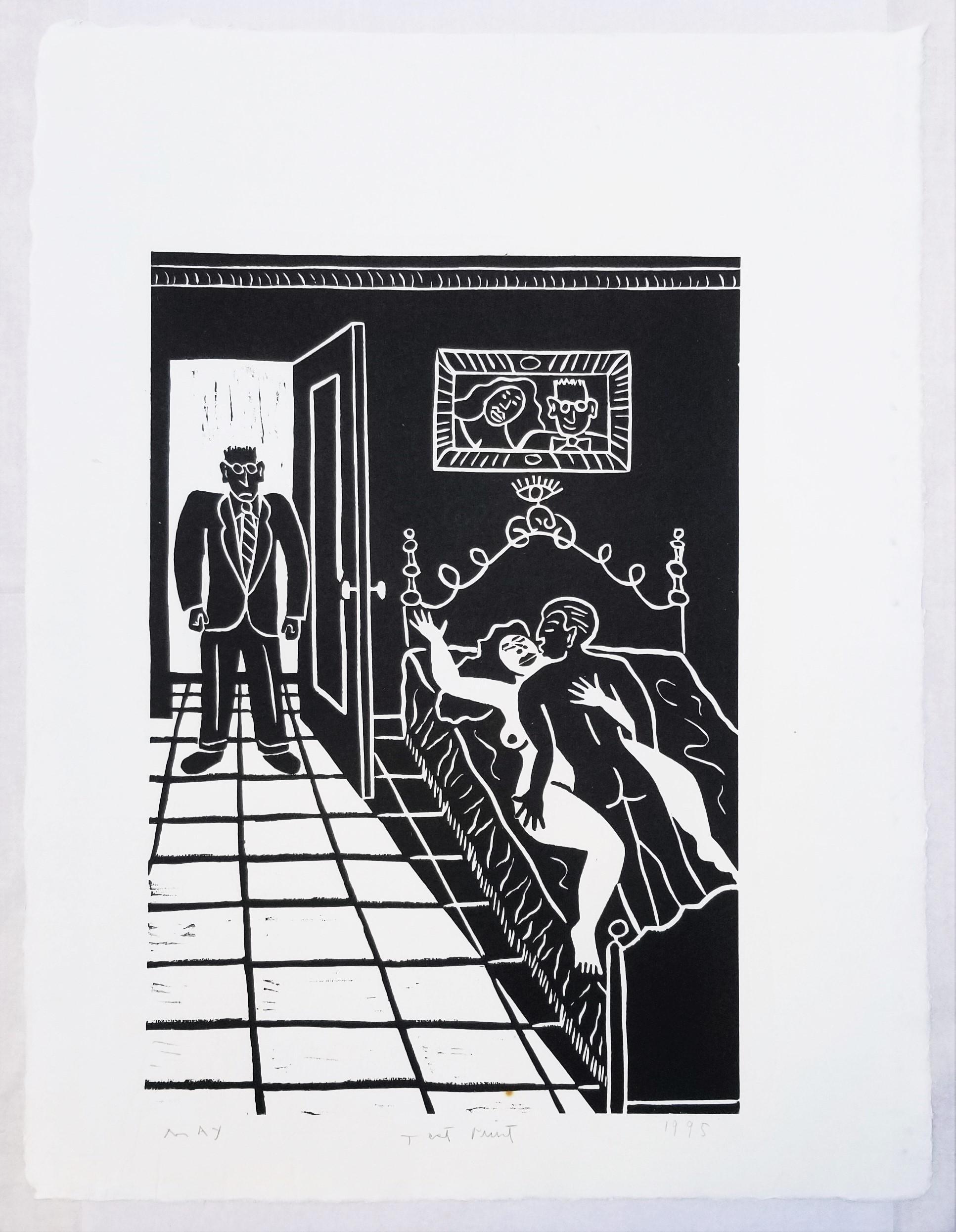 Home Early /// Serigrafia contemporanea Nudo Figurativo Interno Divertente Umorismo - Print Contemporaneo di Dan May