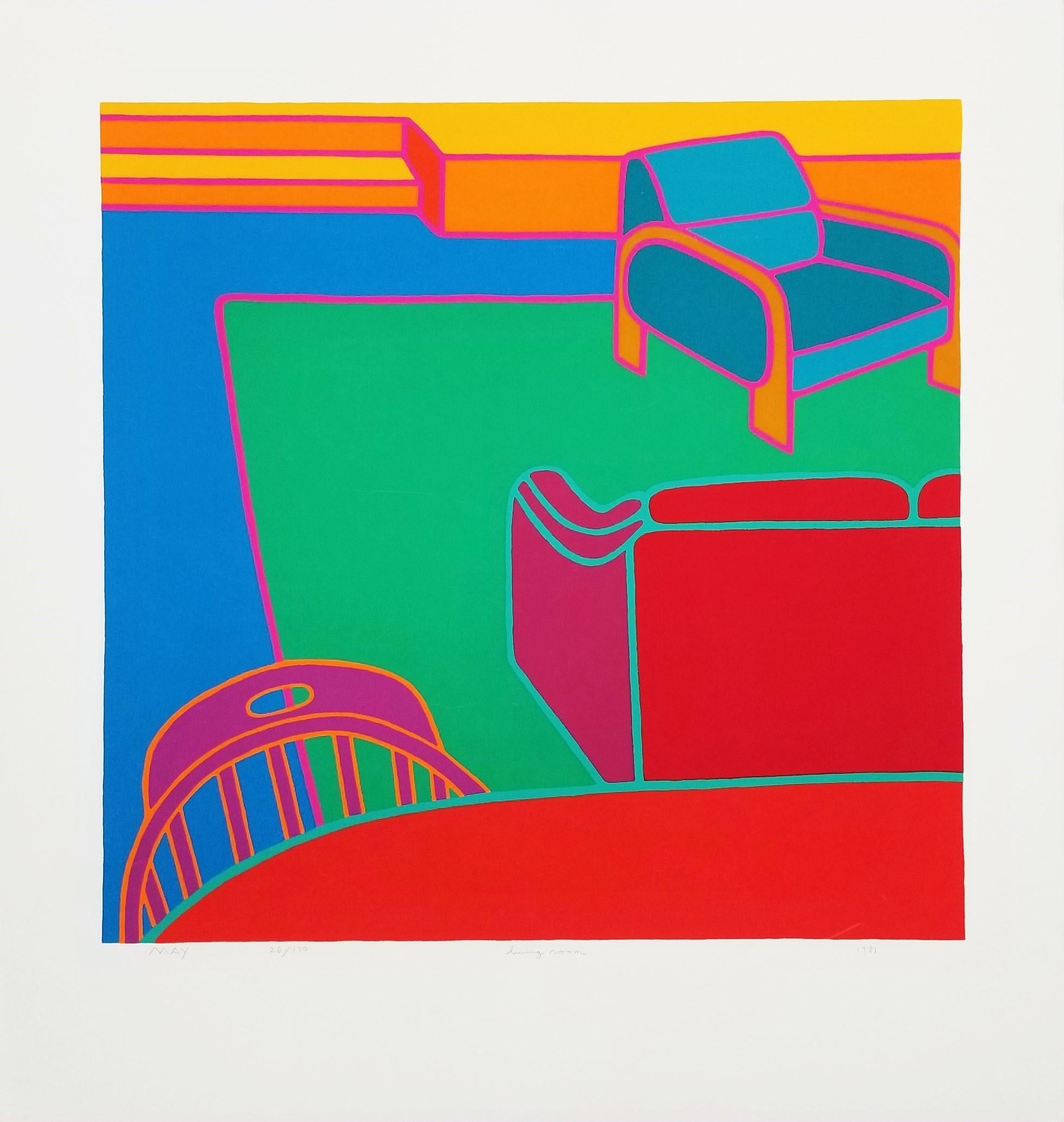 Wohnzimmer /// Contemporary Pop Art Siebdruck Interior Bunter Stuhl Sofa  – Print von Dan May