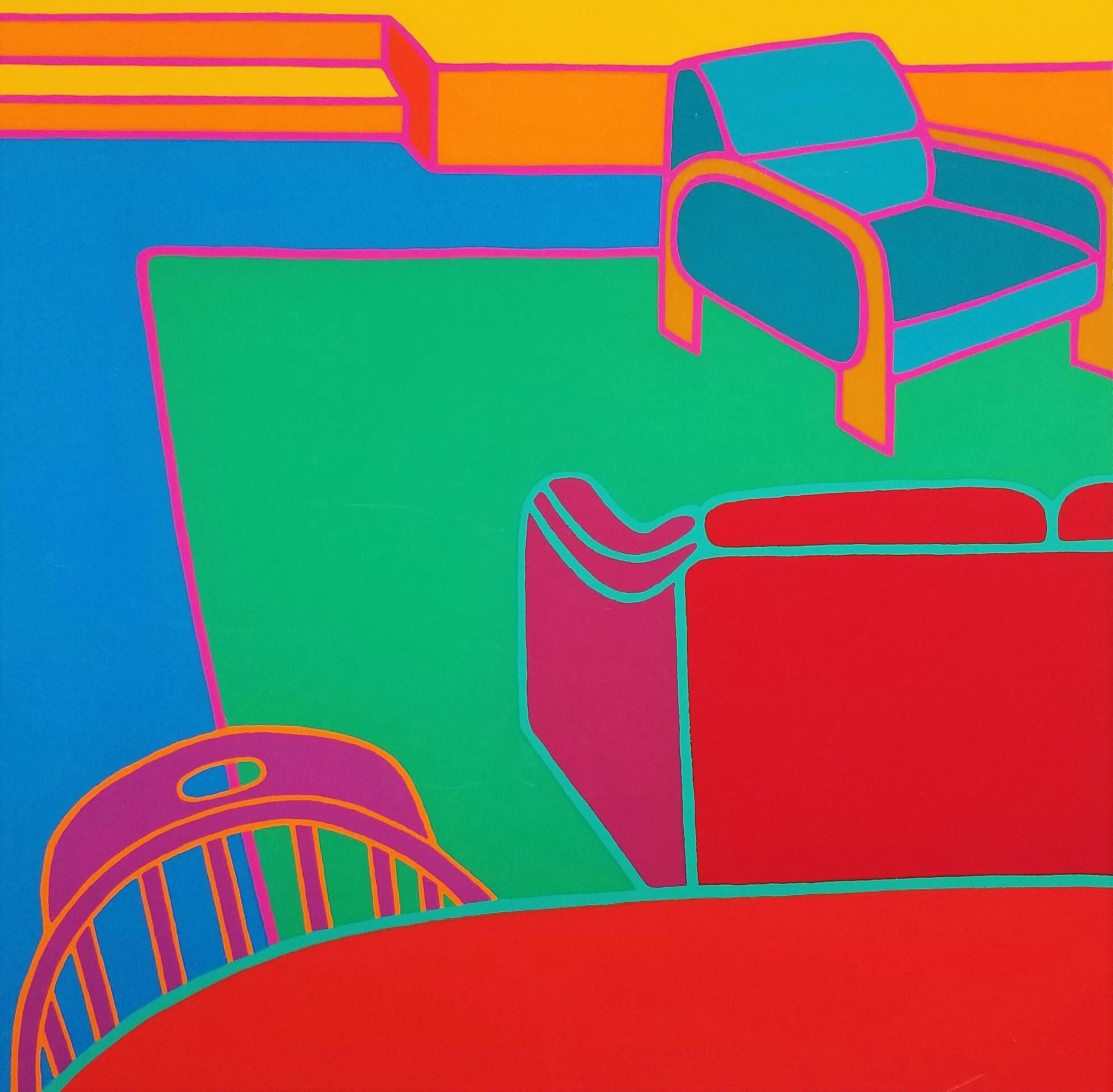 Dan May Interior Print - Living Room /// Contemporary Pop Art Screenprint Interior Colorful Chair Sofa 