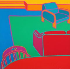 Retro Living Room /// Contemporary Pop Art Screenprint Interior Colorful Chair Sofa 